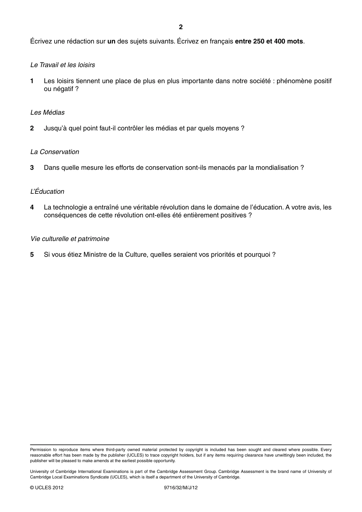 Cambridge A Level French (A Level only) 9716 2012 May/June Paper 3 · Variant 2 question paper, page 2 of 2