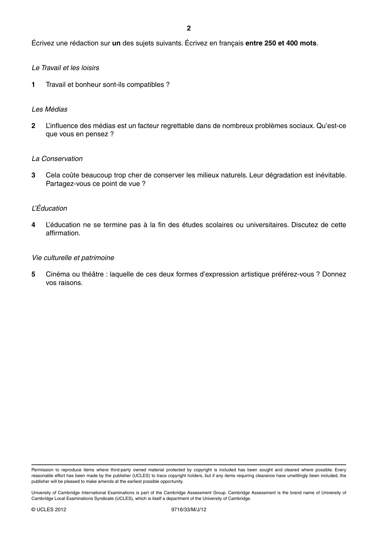 Cambridge A Level French (A Level only) 9716 2012 May/June Paper 3 · Variant 3 question paper, page 2 of 2