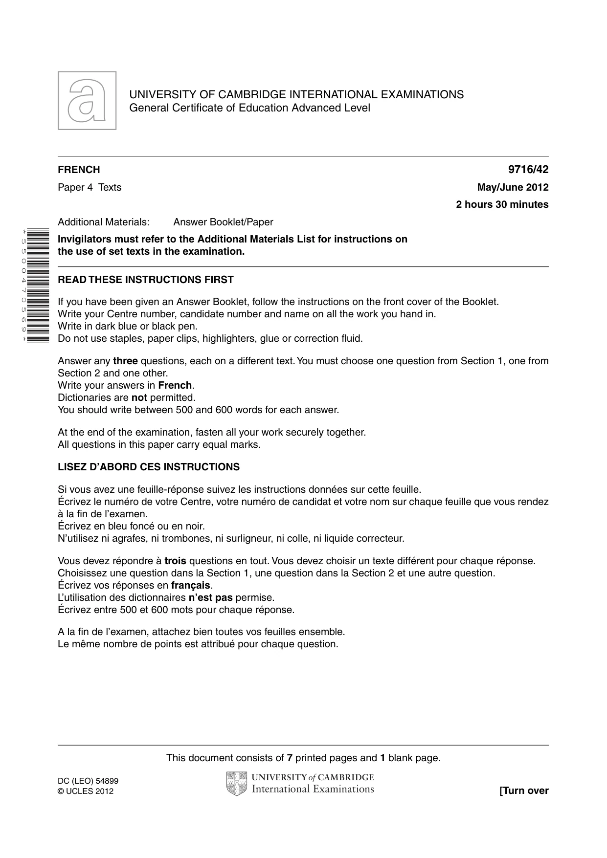 Cambridge A Level French (A Level only) 9716 2012 May/June Paper 4 · Variant 2 question paper, page 1 of 8