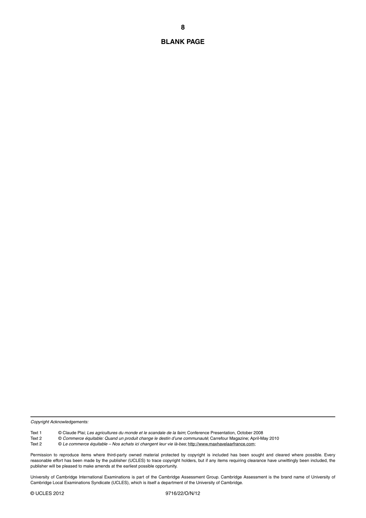 Cambridge A Level French (A Level only) 9716 2012 Oct/Nov Paper 2 · Variant 2 question paper, page 8 of 8