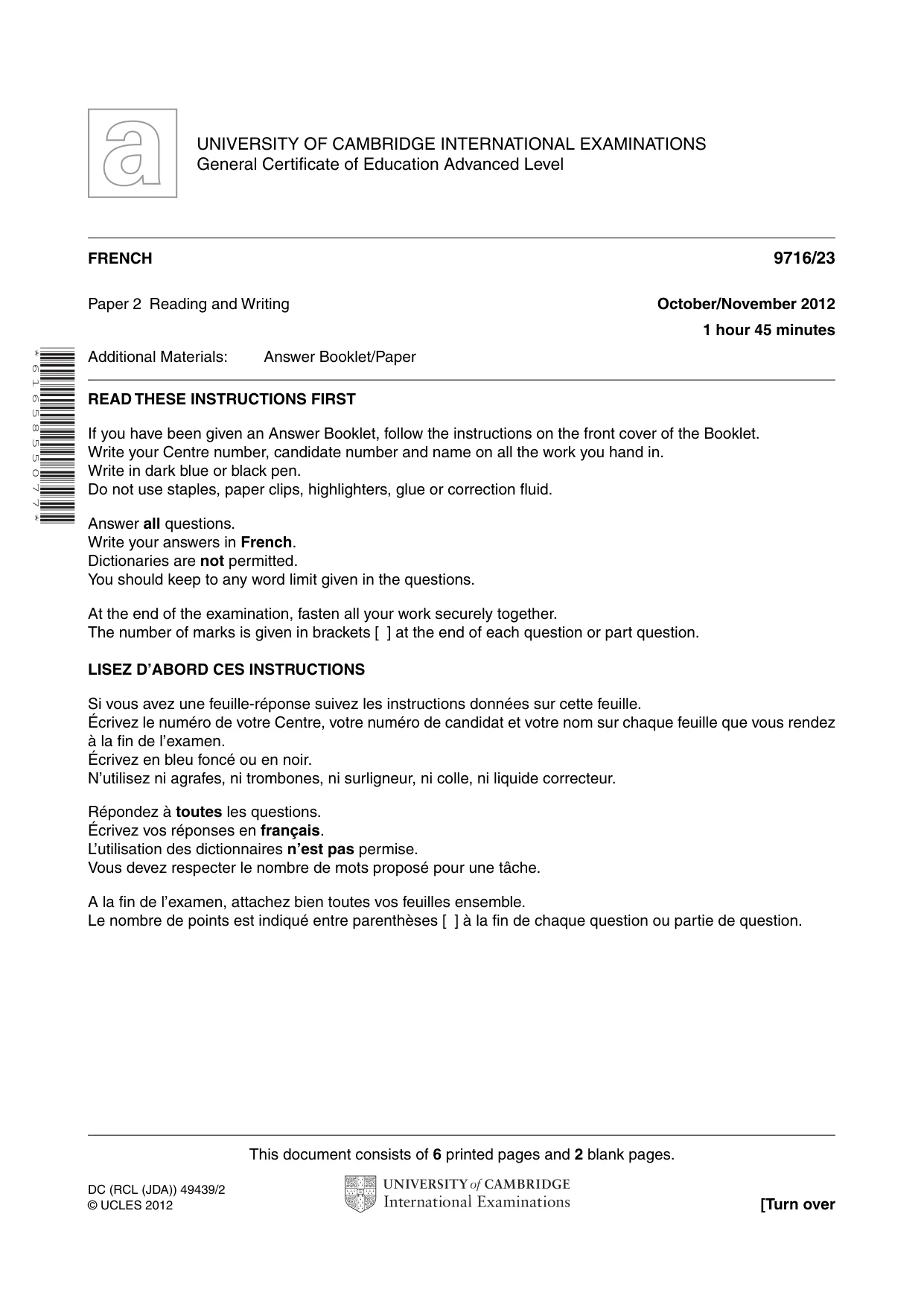 Cambridge A Level French (A Level only) 9716 2012 Oct/Nov Paper 2 · Variant 3 question paper, page 1 of 8