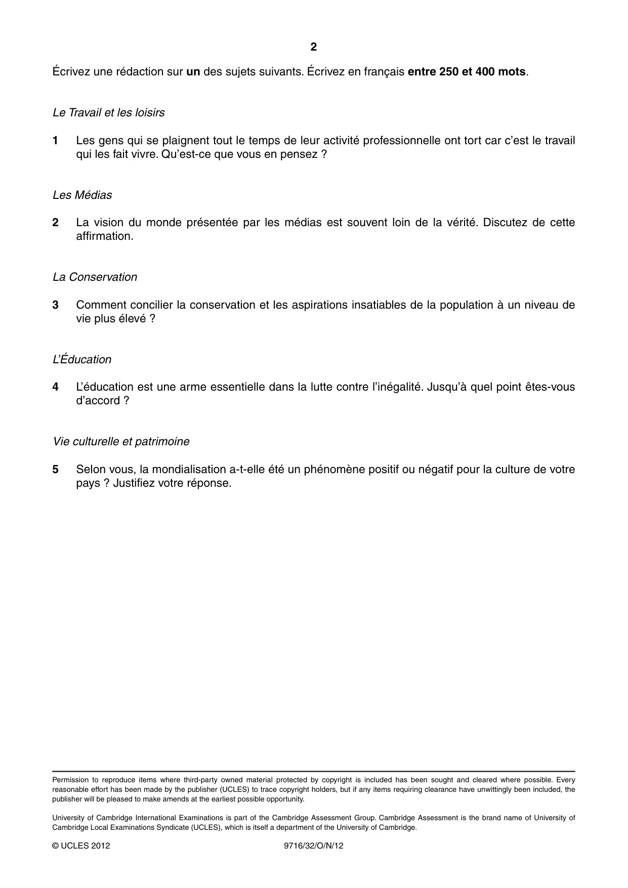 Cambridge A Level French (A Level only) 9716 2012 Oct/Nov Paper 3 · Variant 2 question paper, page 2 of 2