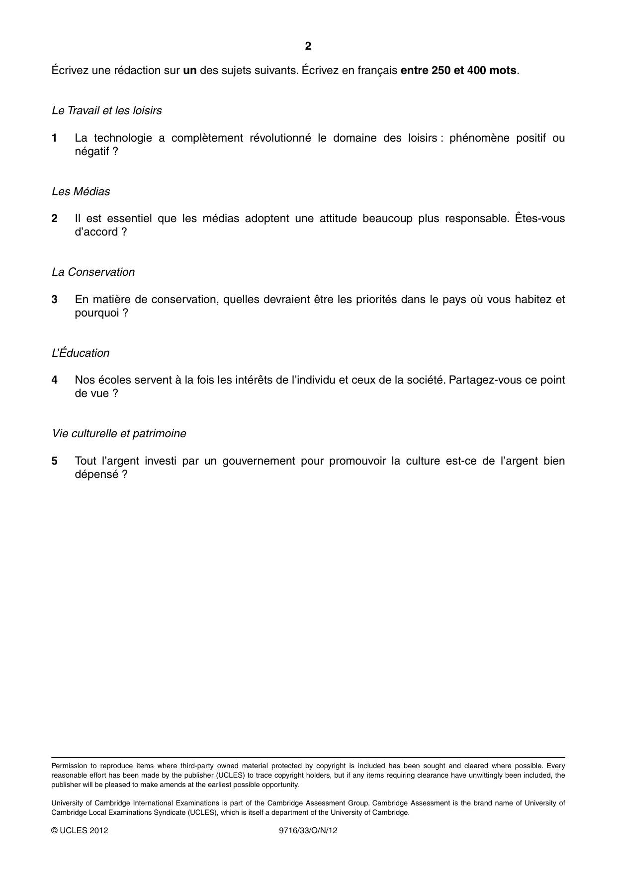Cambridge A Level French (A Level only) 9716 2012 Oct/Nov Paper 3 · Variant 3 question paper, page 2 of 2