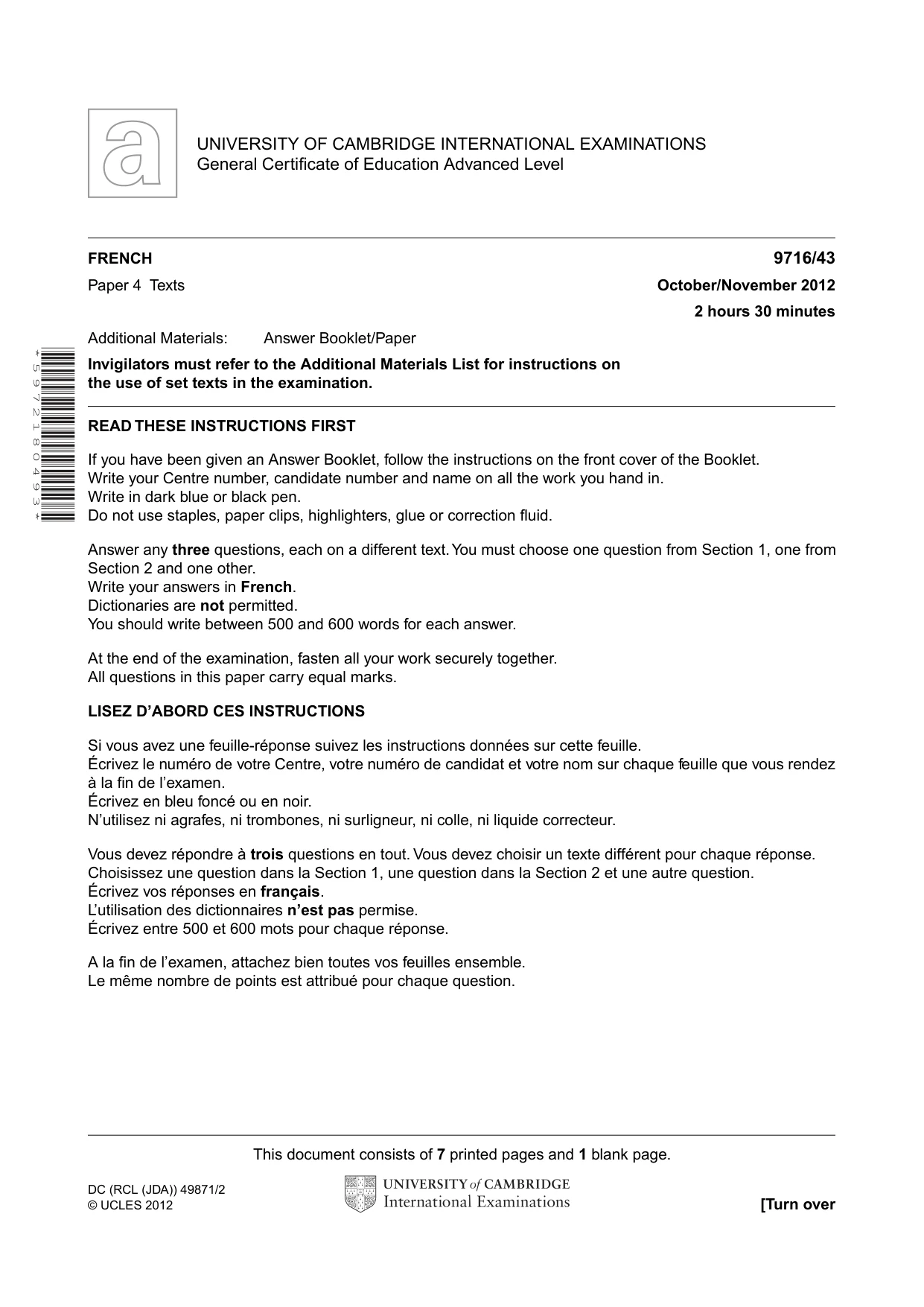 Cambridge A Level French (A Level only) 9716 2012 Oct/Nov Paper 4 · Variant 3 question paper, page 1 of 8