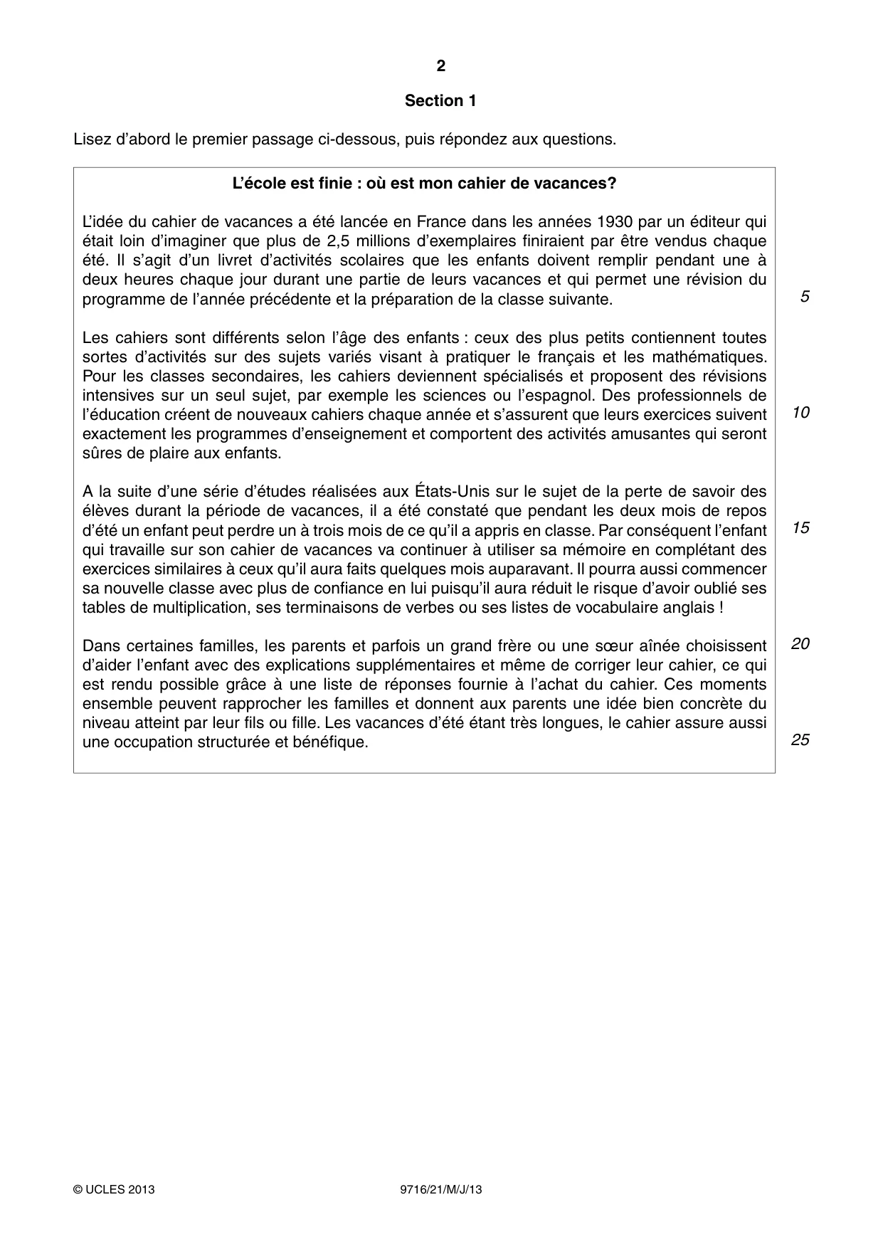 Cambridge A Level French (A Level only) 9716 2013 May/June Paper 2 · Variant 1 question paper, page 2 of 8