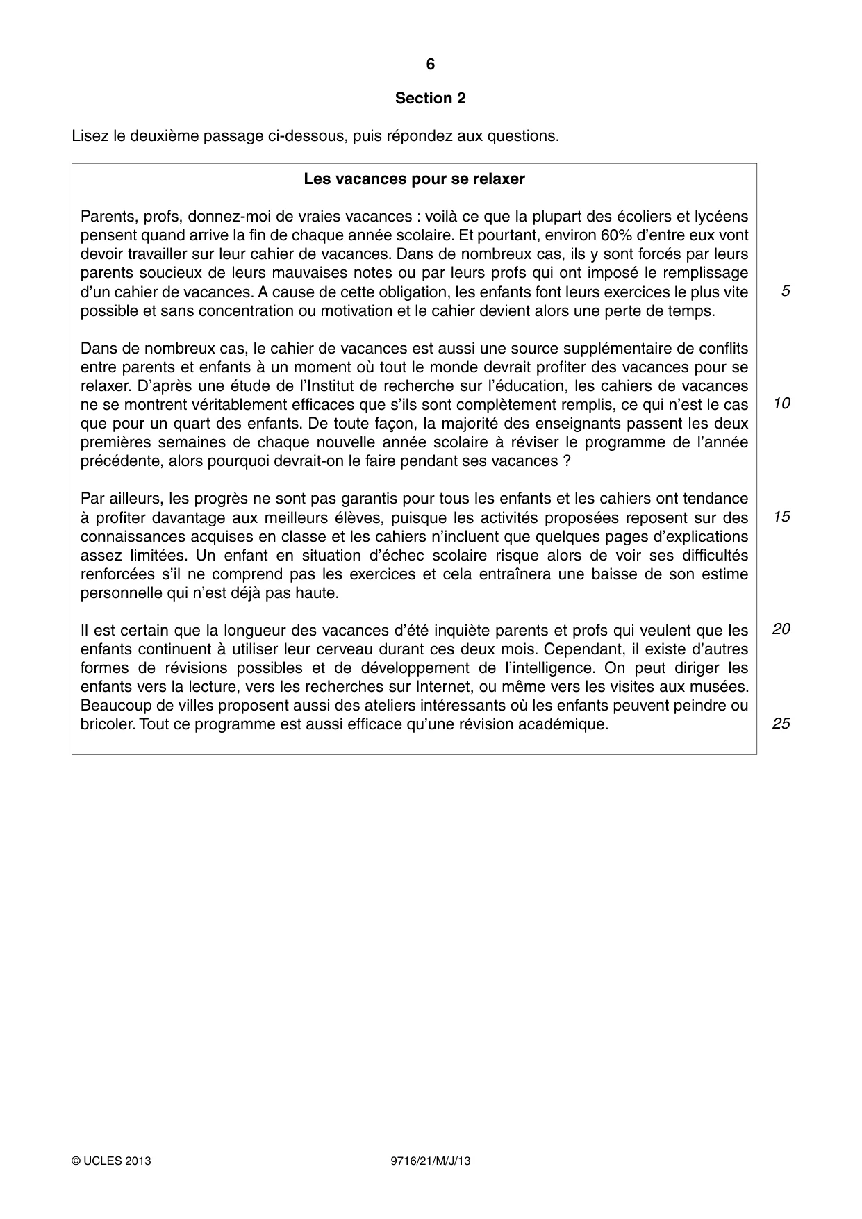 Cambridge A Level French (A Level only) 9716 2013 May/June Paper 2 · Variant 1 question paper, page 6 of 8