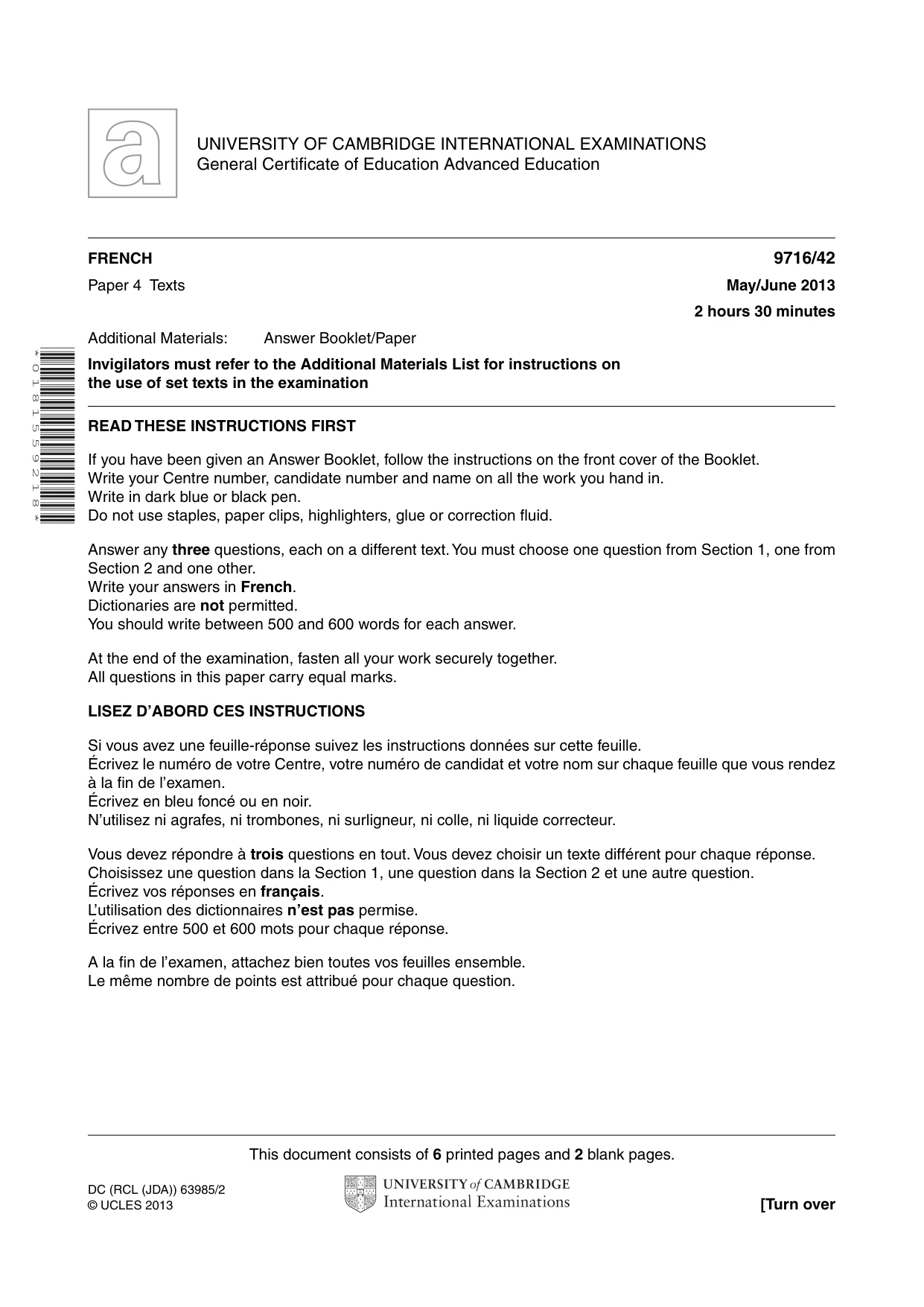 Cambridge A Level French (A Level only) 9716 2013 May/June Paper 4 · Variant 2 question paper, page 1 of 8
