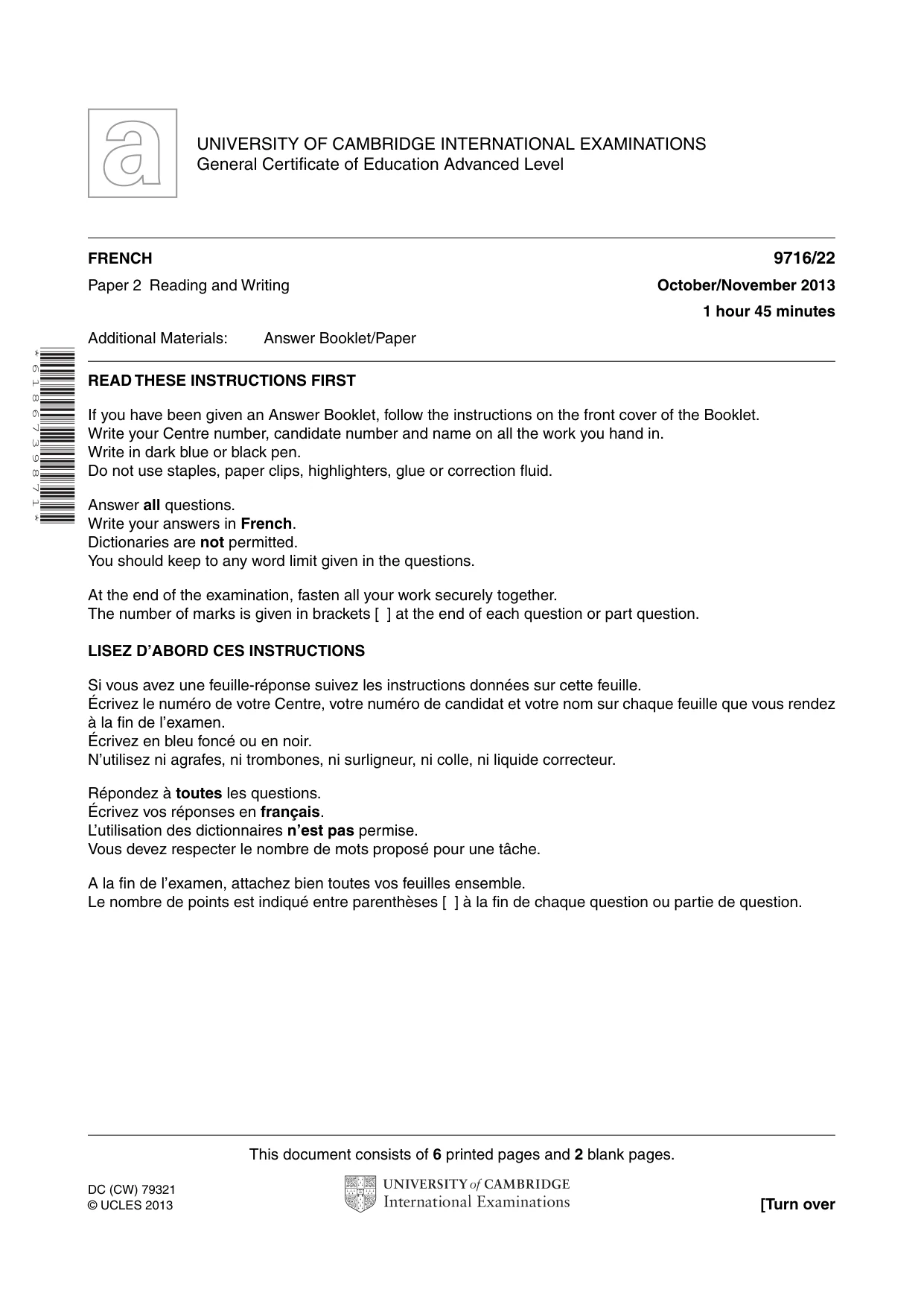 Cambridge A Level French (A Level only) 9716 2013 Oct/Nov Paper 2 · Variant 2 question paper, page 1 of 8