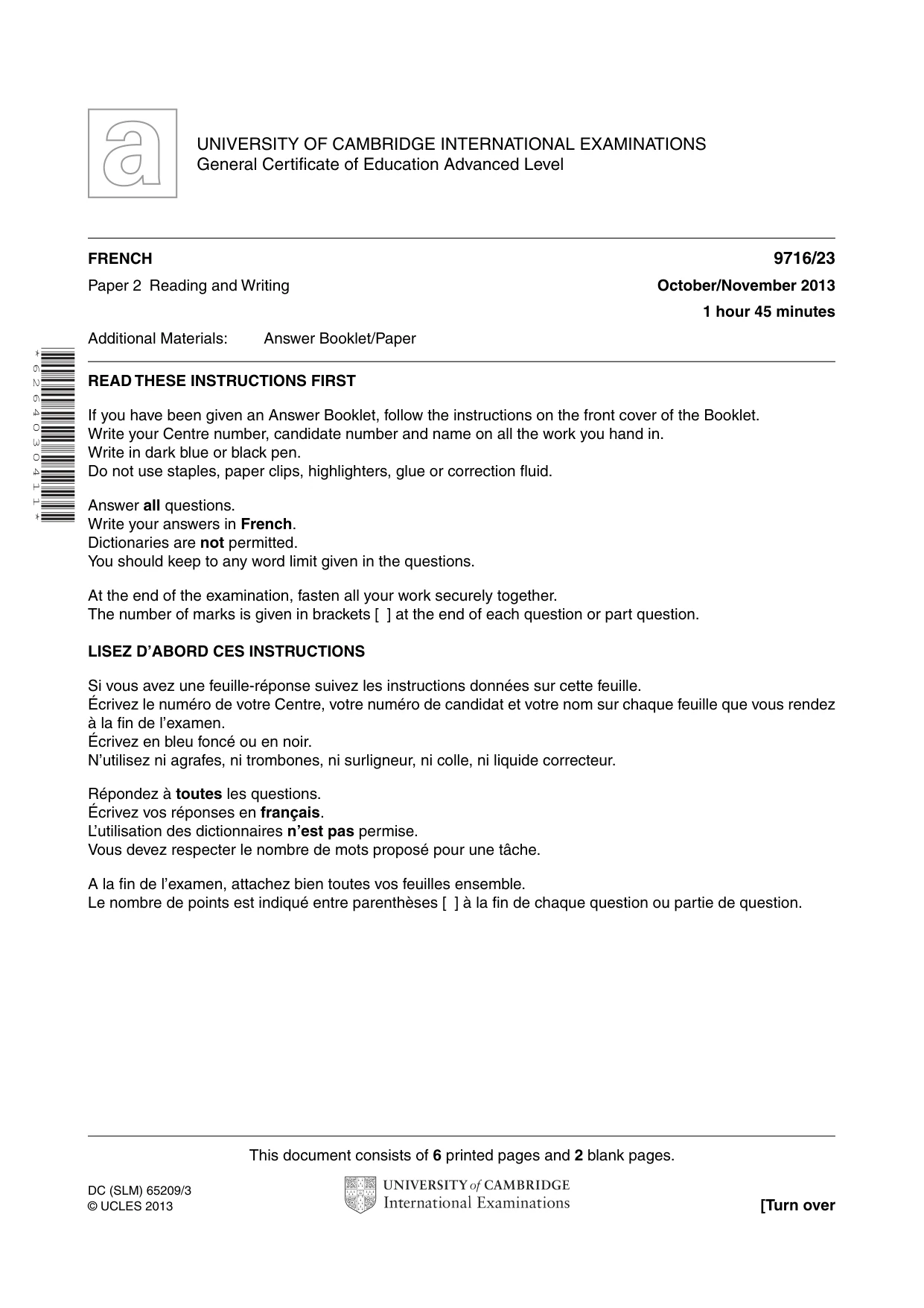 Cambridge A Level French (A Level only) 9716 2013 Oct/Nov Paper 2 · Variant 3 question paper, page 1 of 8