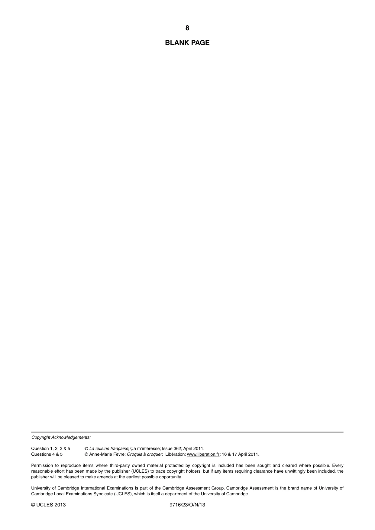 Cambridge A Level French (A Level only) 9716 2013 Oct/Nov Paper 2 · Variant 3 question paper, page 8 of 8