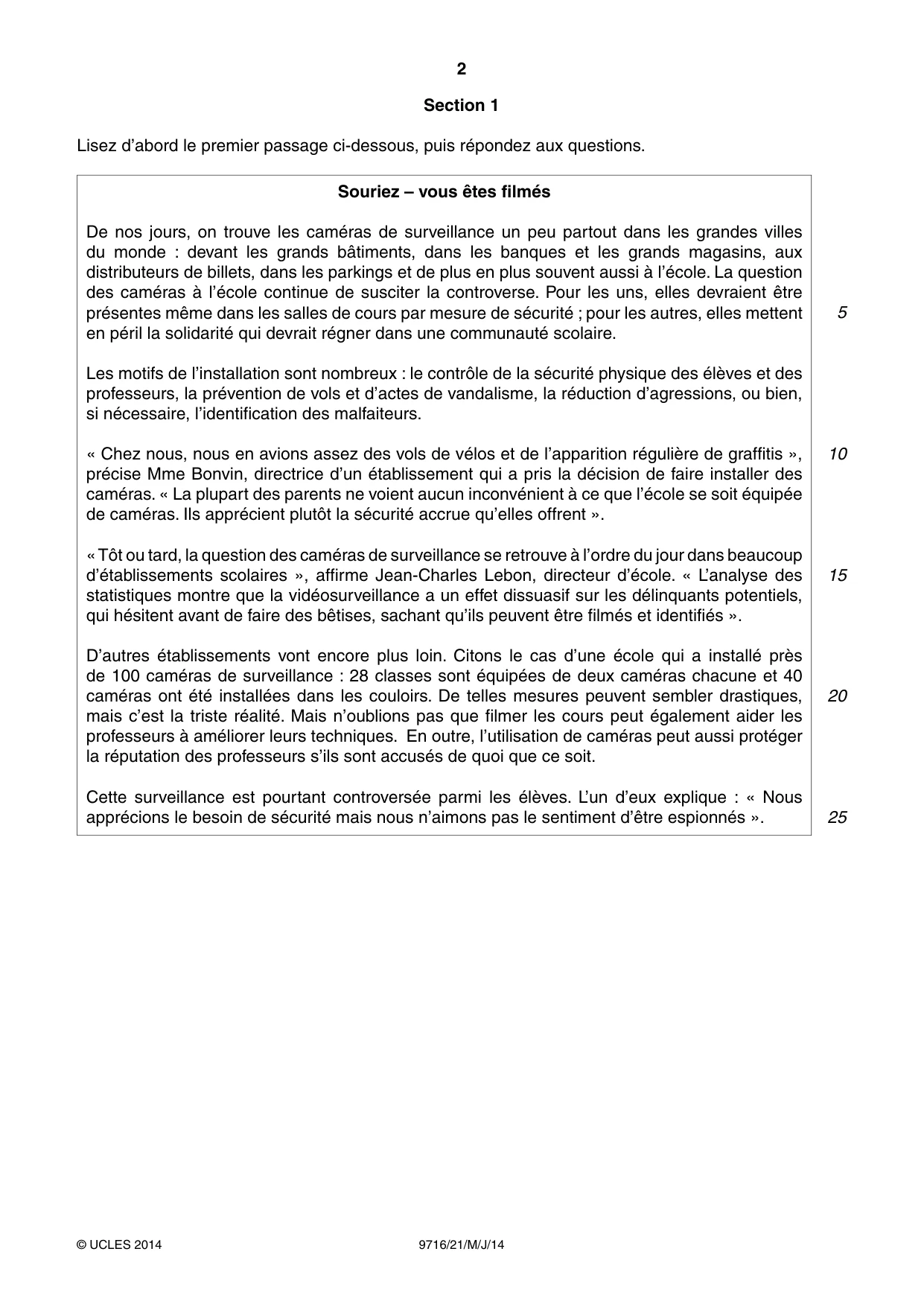 Cambridge A Level French (A Level only) 9716 2014 May/June Paper 2 · Variant 1 question paper, page 2 of 8