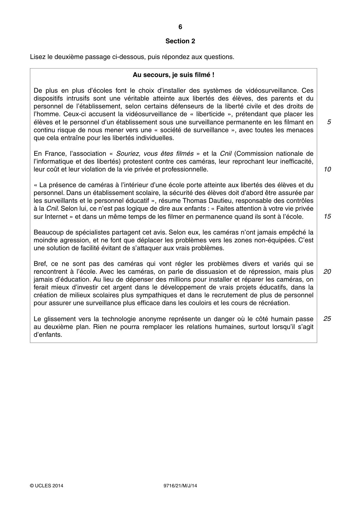 Cambridge A Level French (A Level only) 9716 2014 May/June Paper 2 · Variant 1 question paper, page 6 of 8