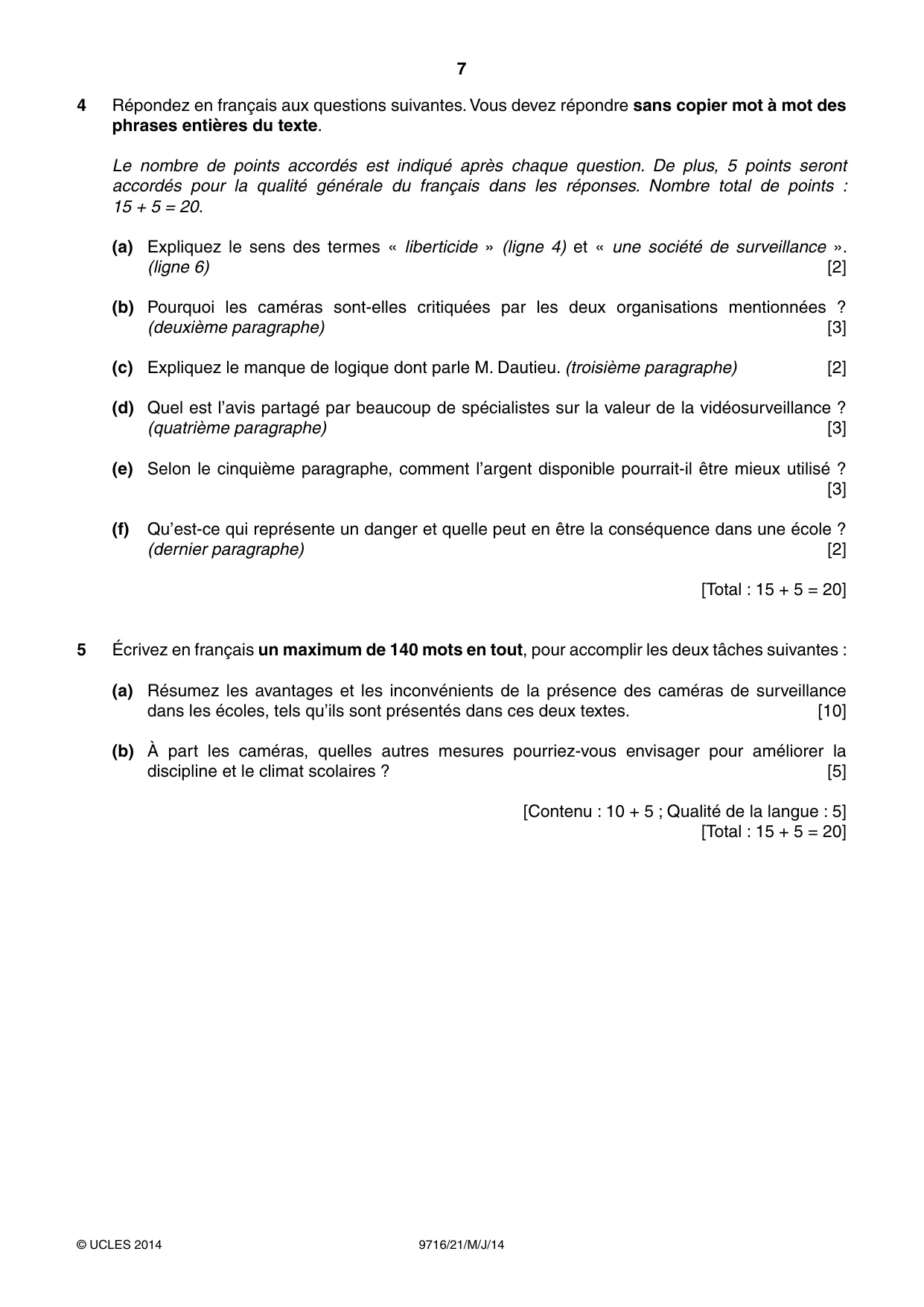 Cambridge A Level French (A Level only) 9716 2014 May/June Paper 2 · Variant 1 question paper, page 7 of 8
