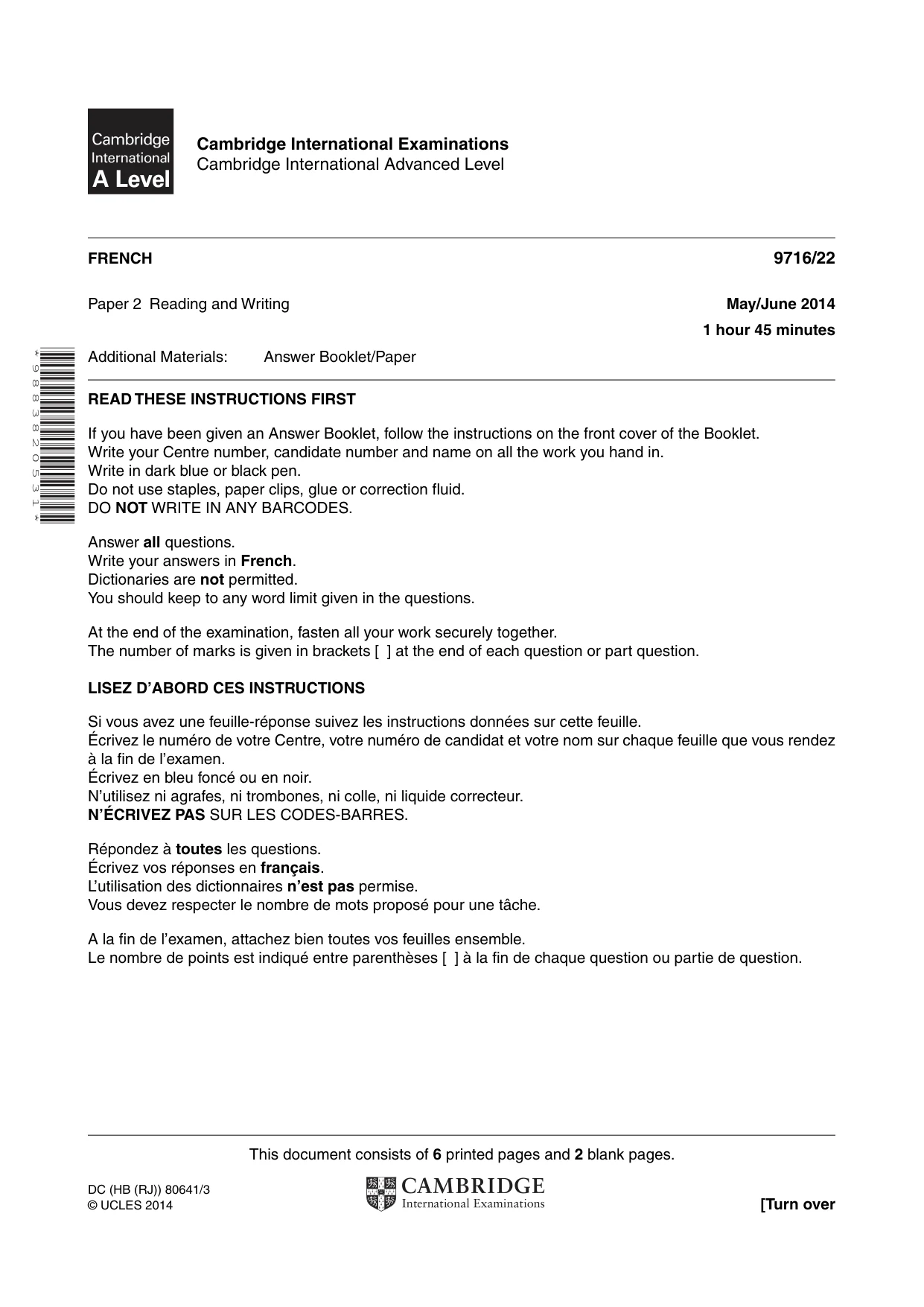 Cambridge A Level French (A Level only) 9716 2014 May/June Paper 2 · Variant 2 question paper, page 1 of 8