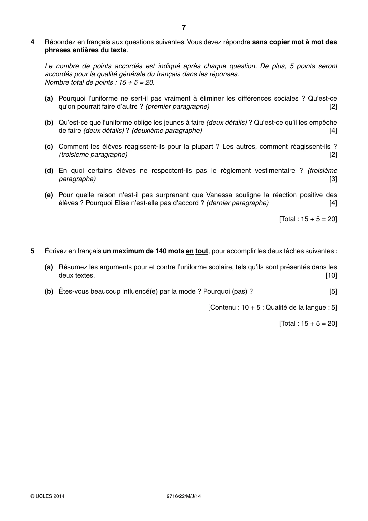 Cambridge A Level French (A Level only) 9716 2014 May/June Paper 2 · Variant 2 question paper, page 7 of 8