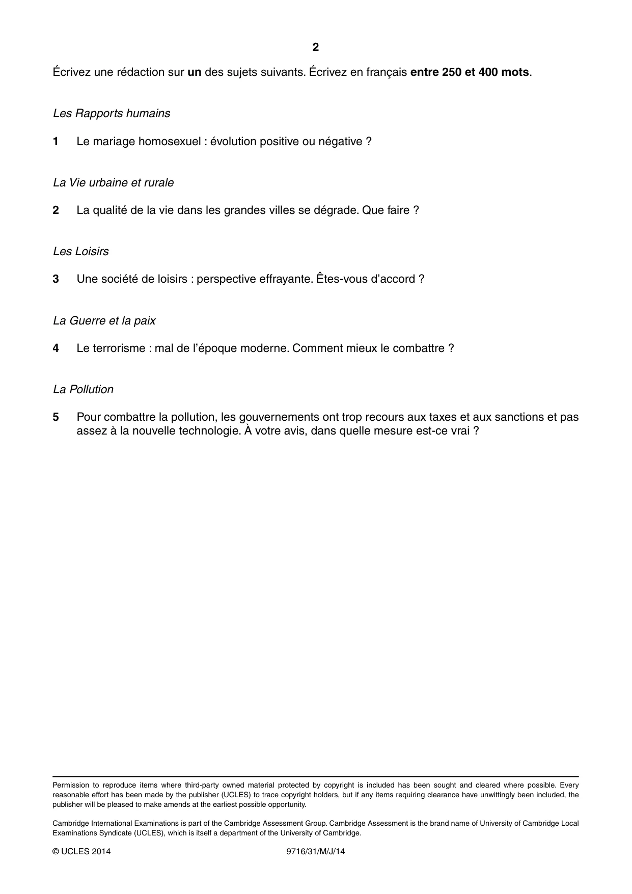 Cambridge A Level French (A Level only) 9716 2014 May/June Paper 3 · Variant 1 question paper, page 2 of 2