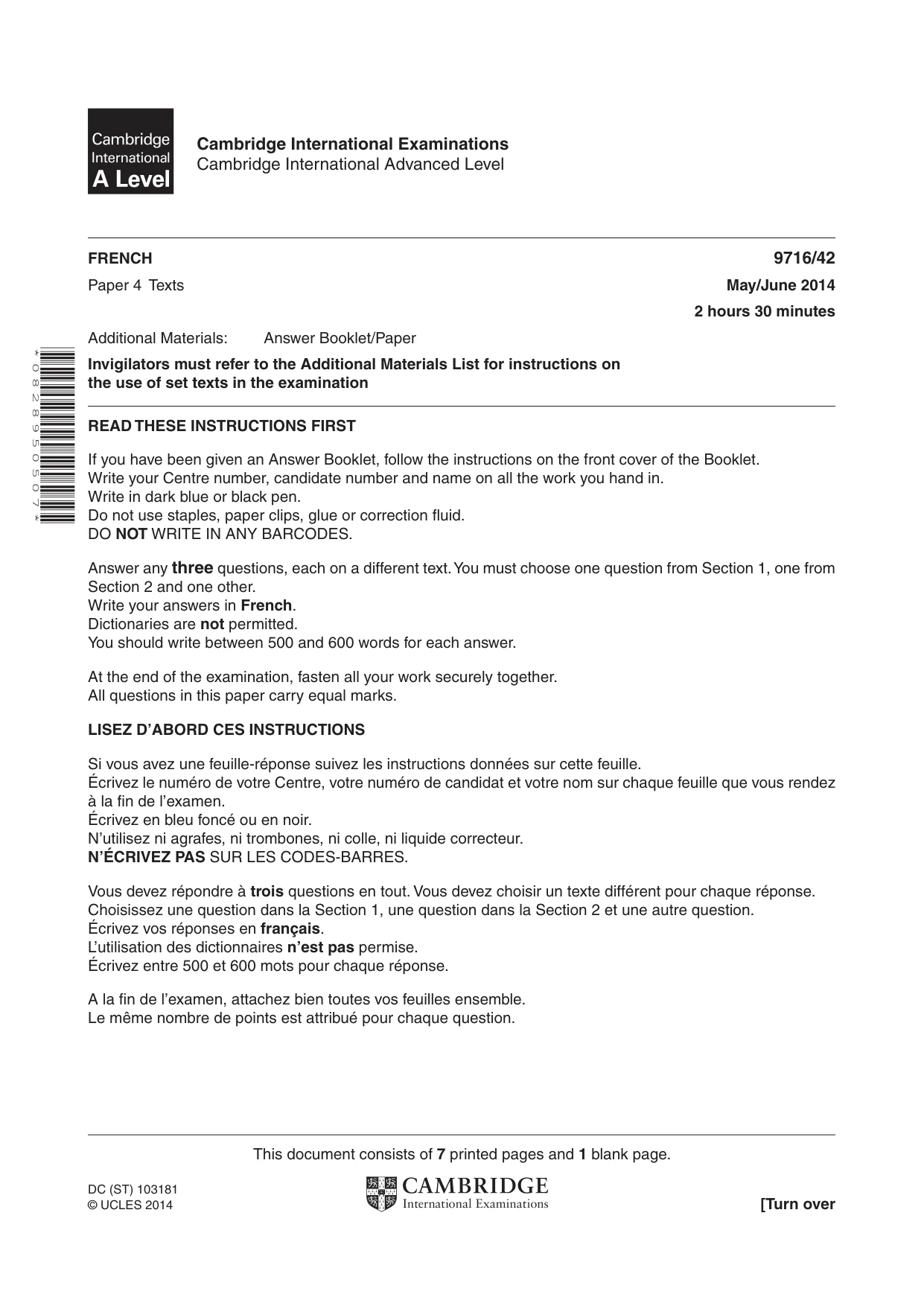 Cambridge A Level French (A Level only) 9716 2014 May/June Paper 4 · Variant 2 question paper, page 1 of 8