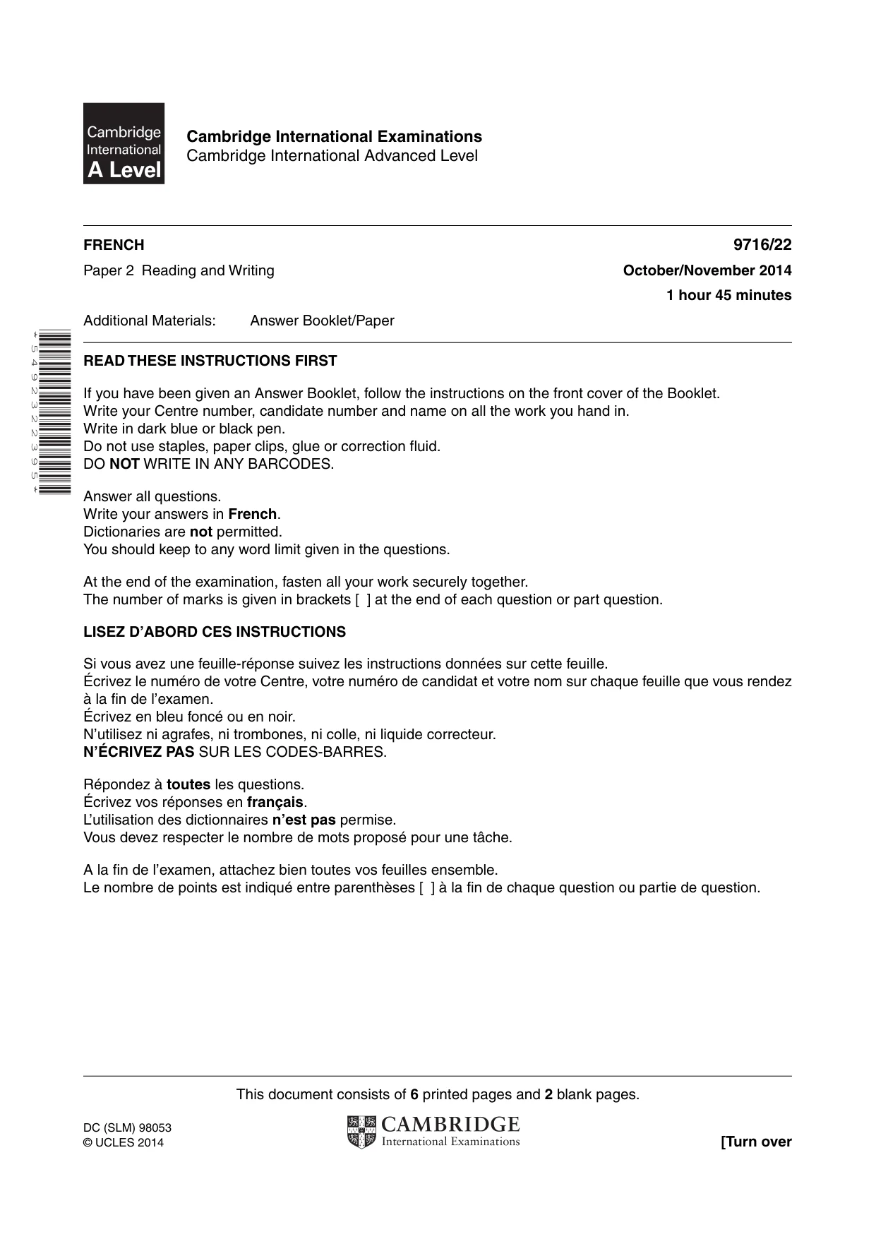 Cambridge A Level French (A Level only) 9716 2014 Oct/Nov Paper 2 · Variant 2 question paper, page 1 of 8