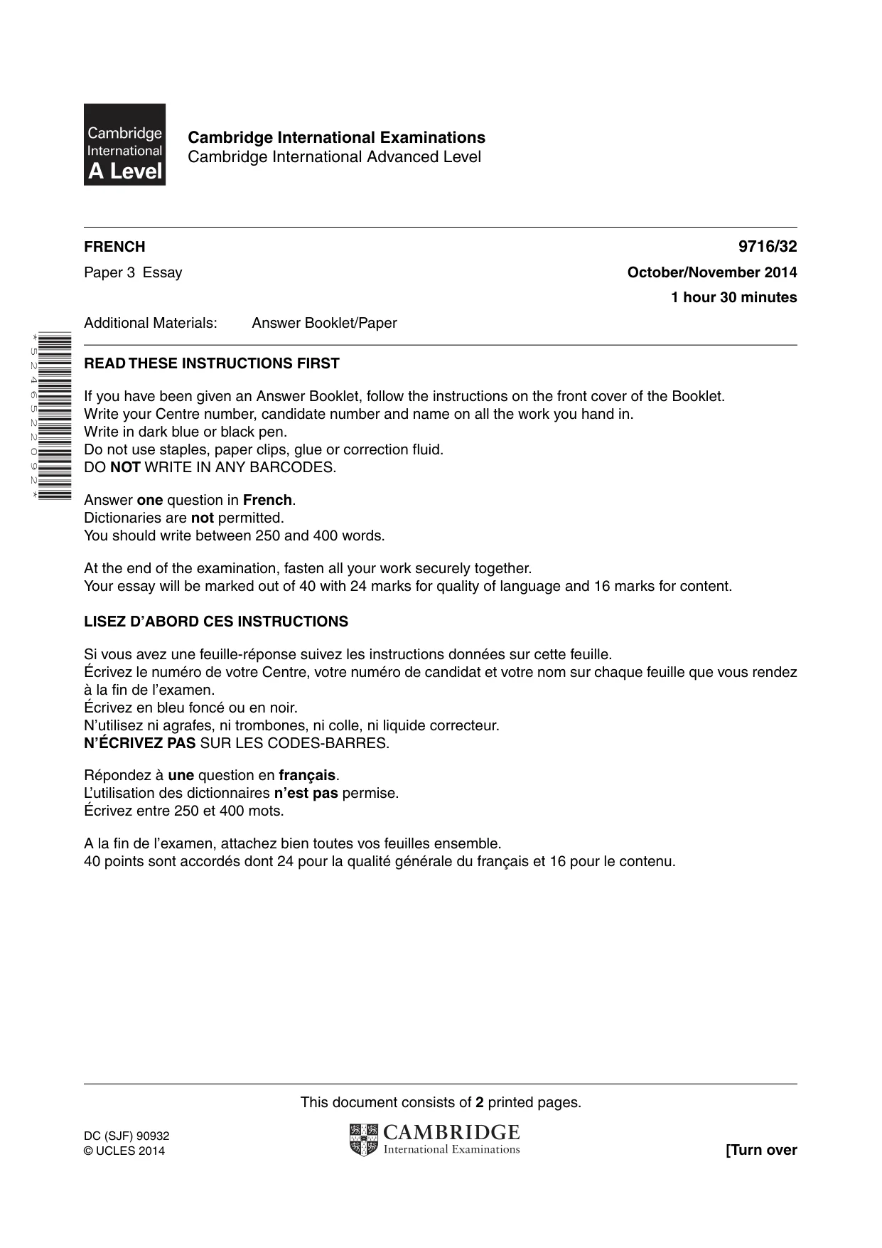 Cambridge A Level French (A Level only) 9716 2014 Oct/Nov Paper 3 · Variant 2 question paper, page 1 of 2