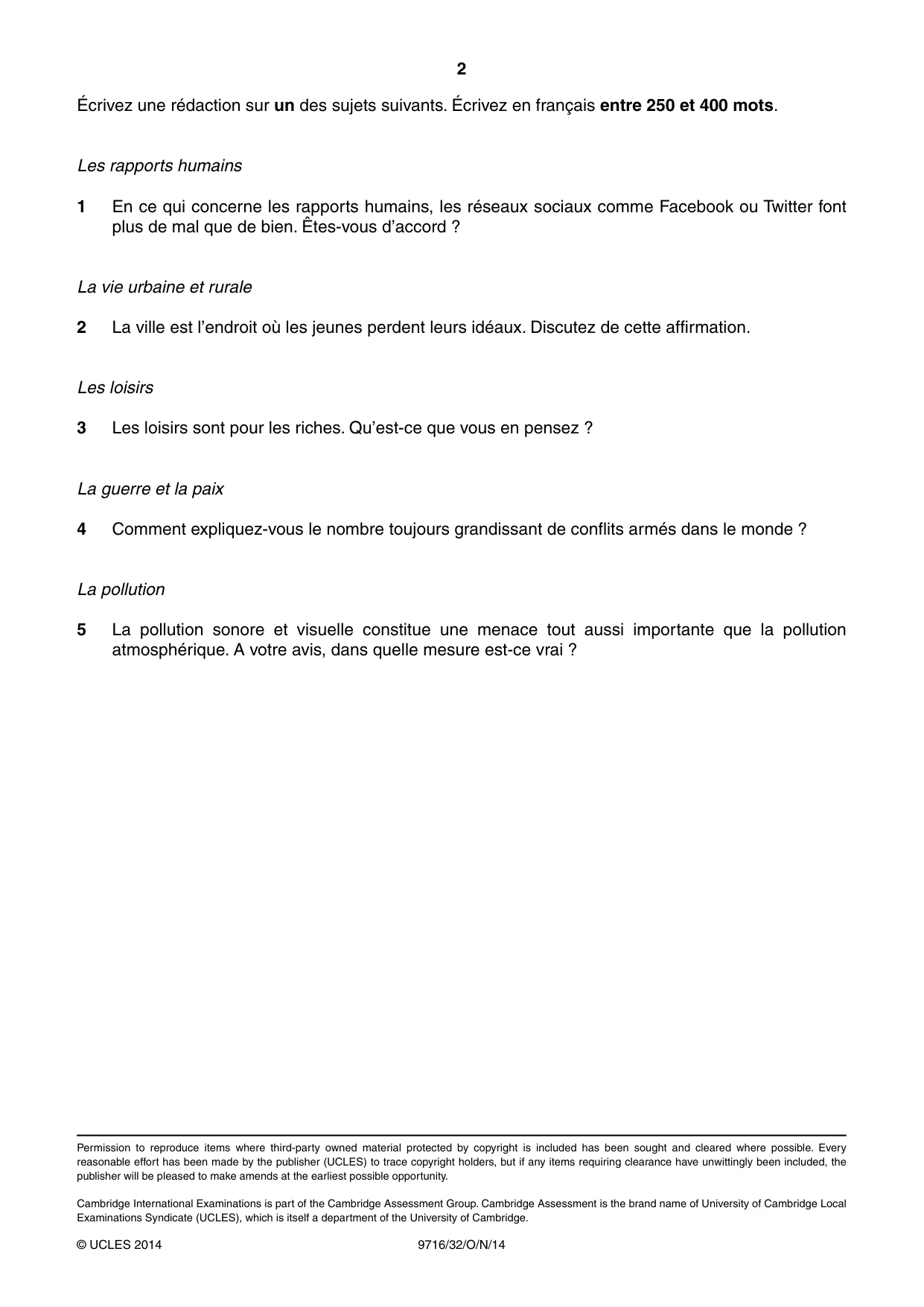 Cambridge A Level French (A Level only) 9716 2014 Oct/Nov Paper 3 · Variant 2 question paper, page 2 of 2