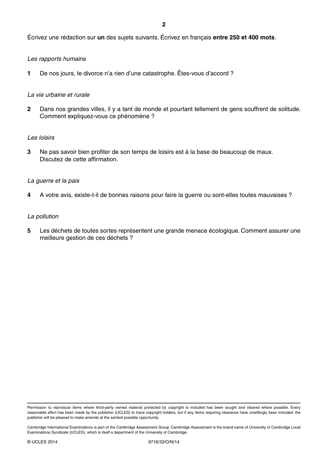 Cambridge A Level French (A Level only) 9716 2014 Oct/Nov Paper 3 · Variant 3 question paper, page 2 of 2