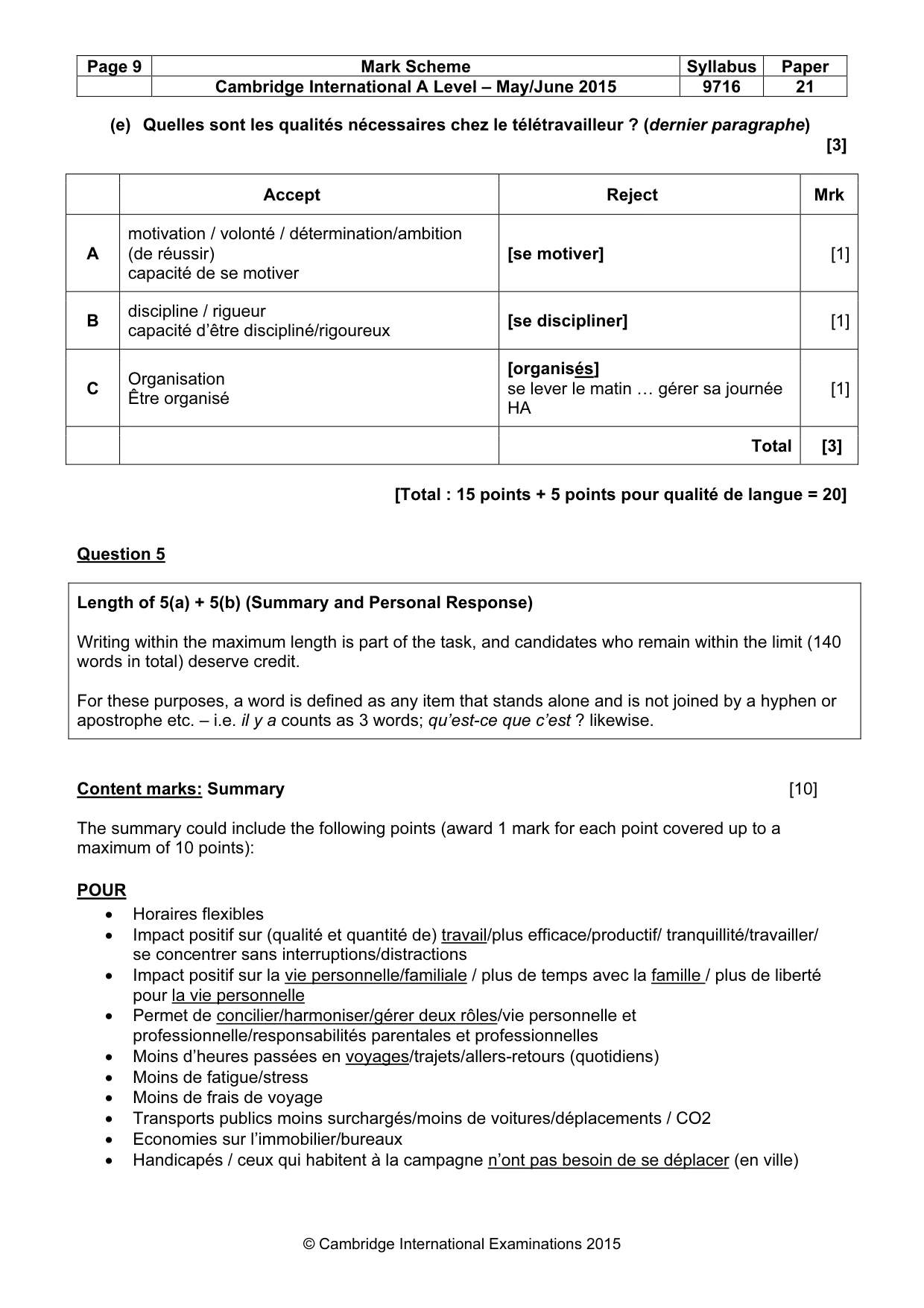 Mark scheme, page 9 of 10