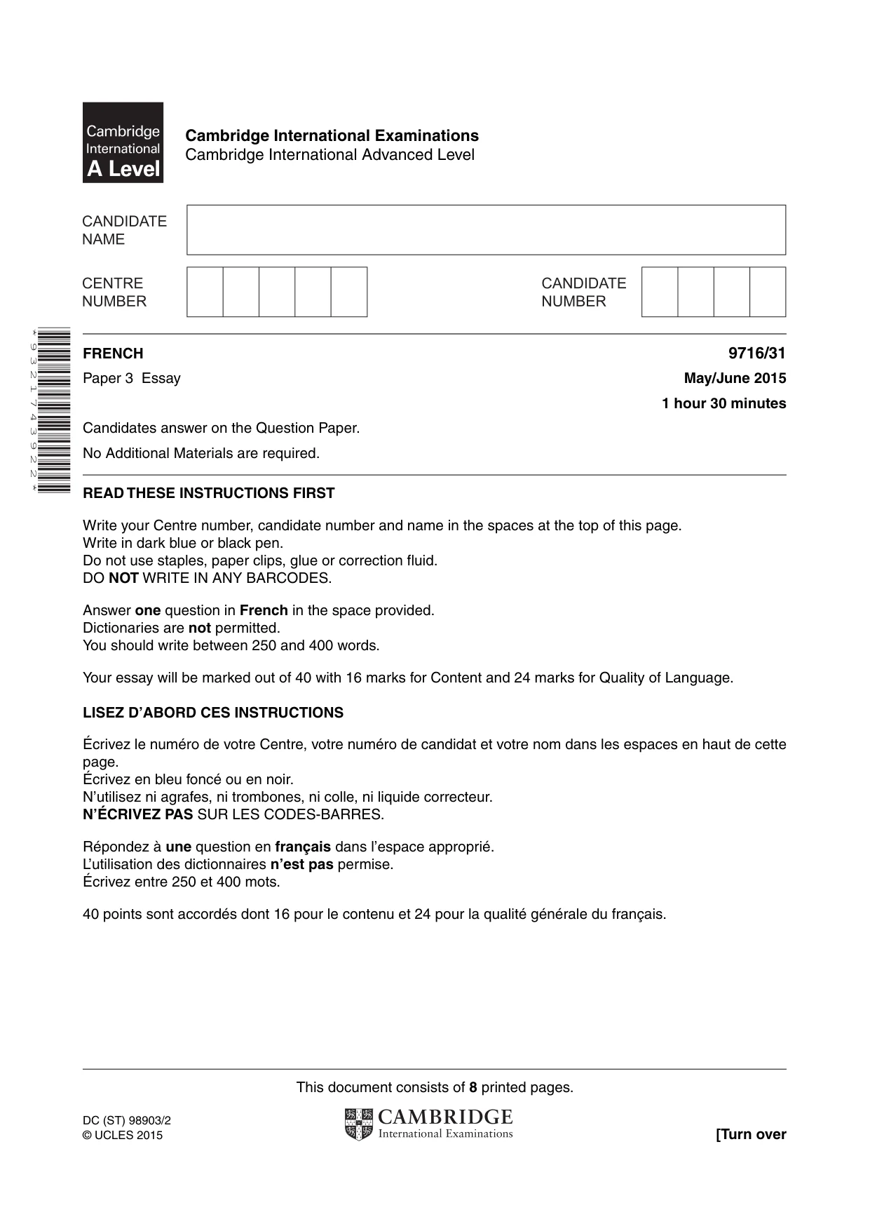 Cambridge A Level French (A Level only) 9716 2015 May/June Paper 3 · Variant 1 question paper, page 1 of 8