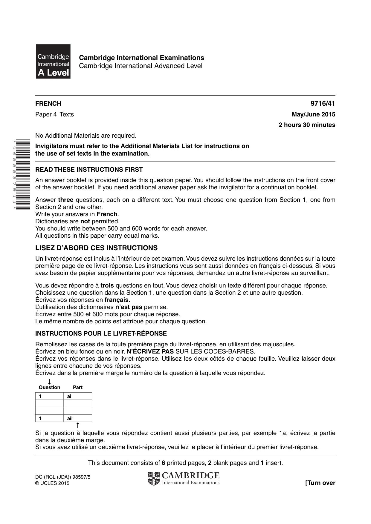 Cambridge A Level French (A Level only) 9716 2015 May/June Paper 4 · Variant 1 question paper, page 1 of 8