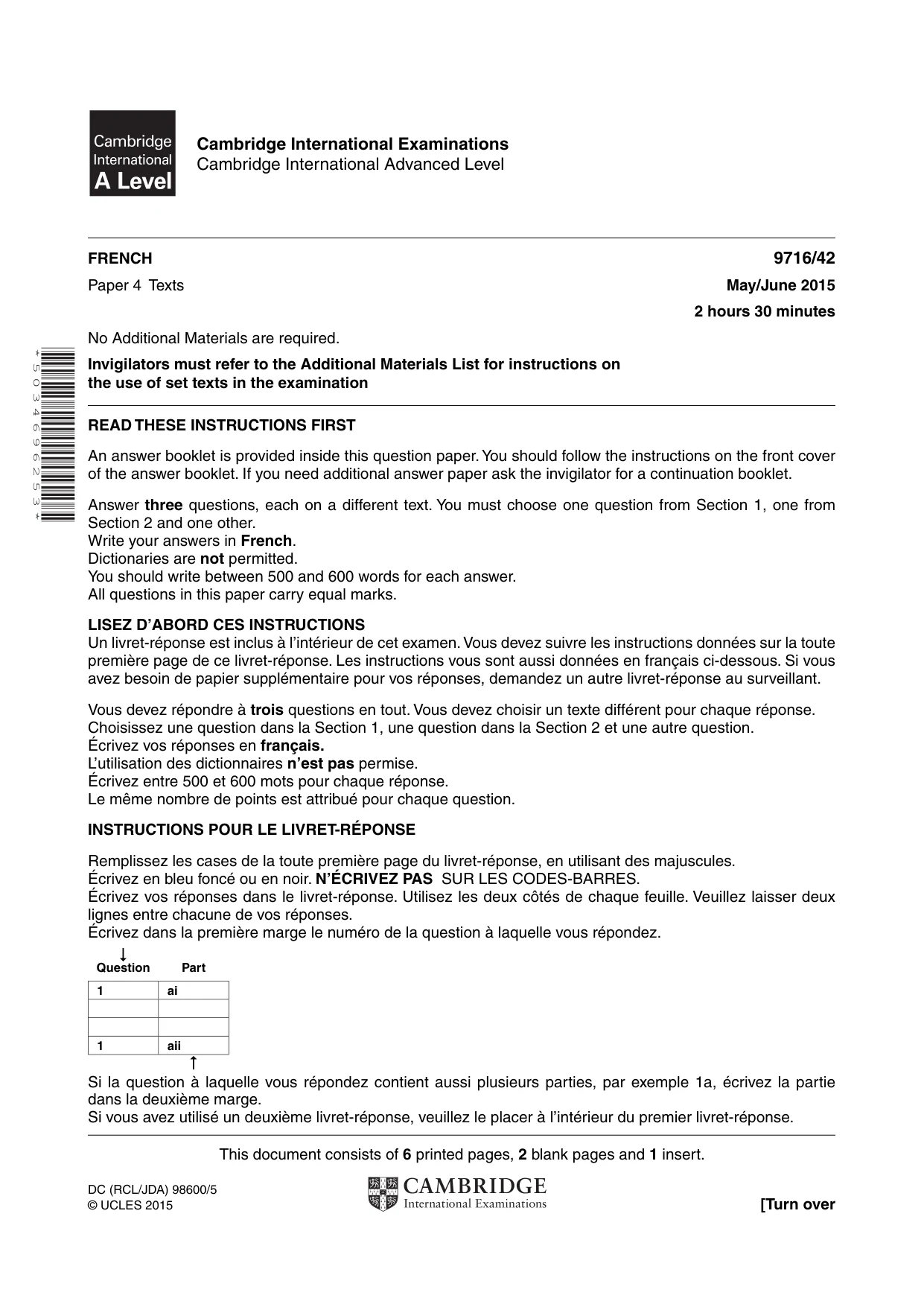 Cambridge A Level French (A Level only) 9716 2015 May/June Paper 4 · Variant 2 question paper, page 1 of 8