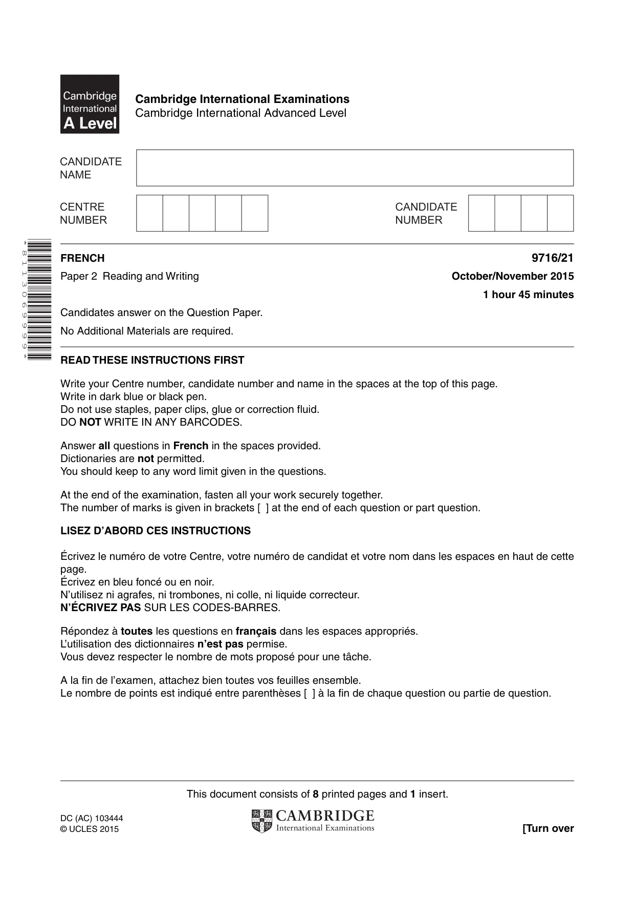 Cambridge A Level French (A Level only) 9716 2015 Oct/Nov Paper 2 · Variant 1 question paper, page 1 of 8