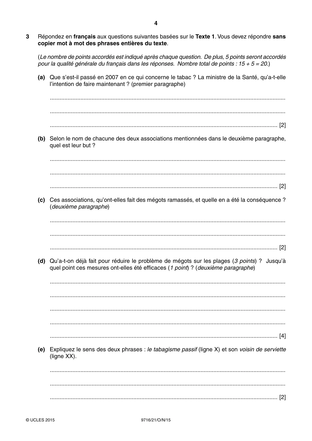 Cambridge A Level French (A Level only) 9716 2015 Oct/Nov Paper 2 · Variant 1 question paper, page 4 of 8