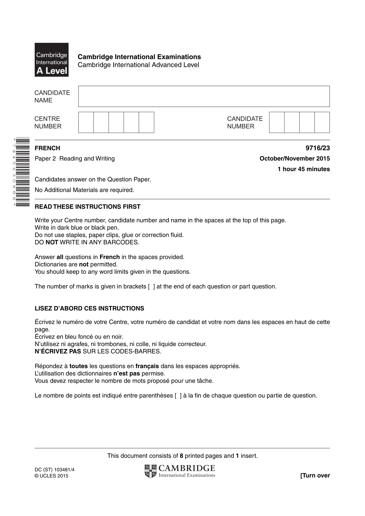 Cambridge A Level French (A Level only) 9716 2015 Oct/Nov Paper 2 · Variant 3 question paper, page 1 of 8