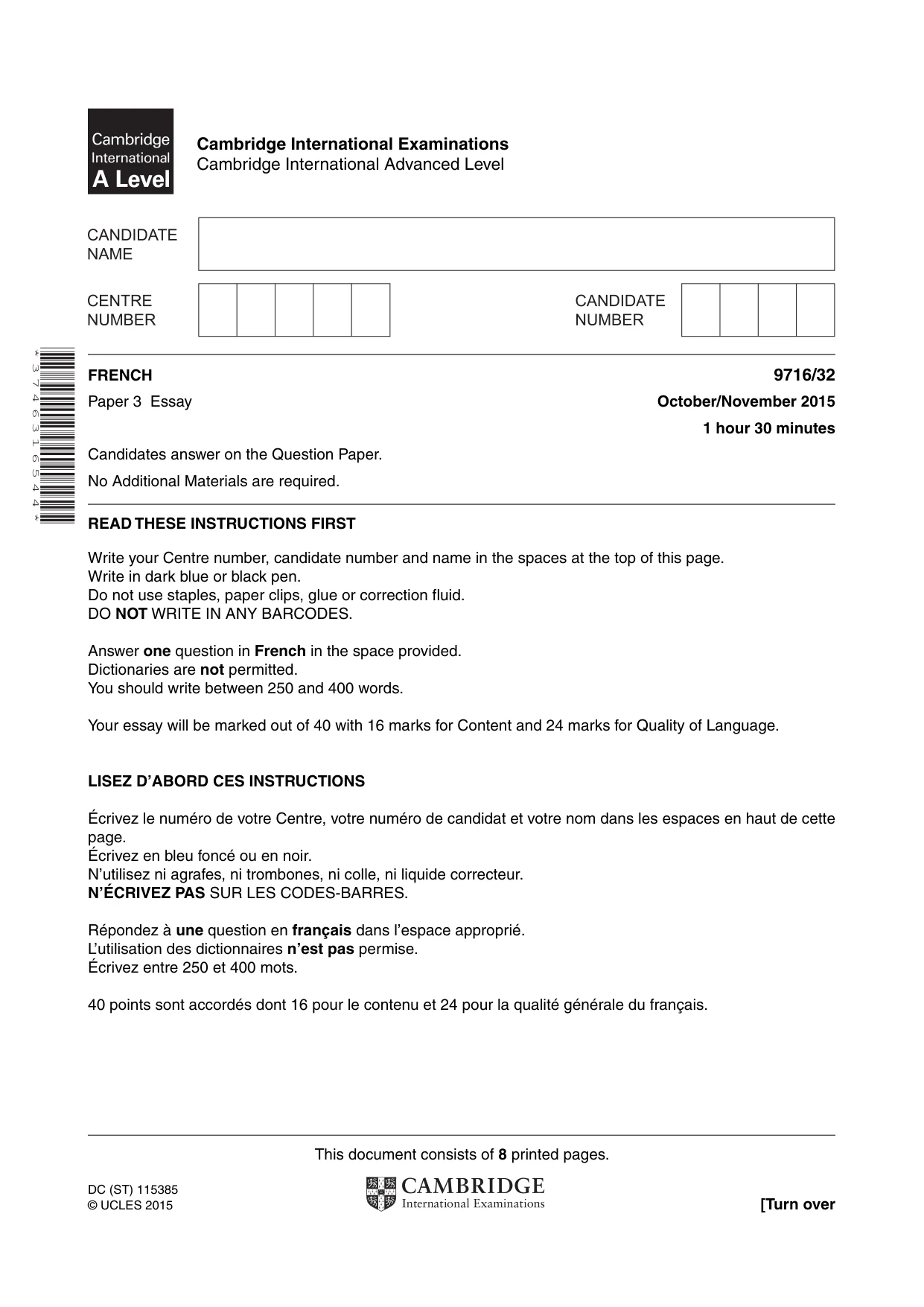 Cambridge A Level French (A Level only) 9716 2015 Oct/Nov Paper 3 · Variant 2 question paper, page 1 of 8