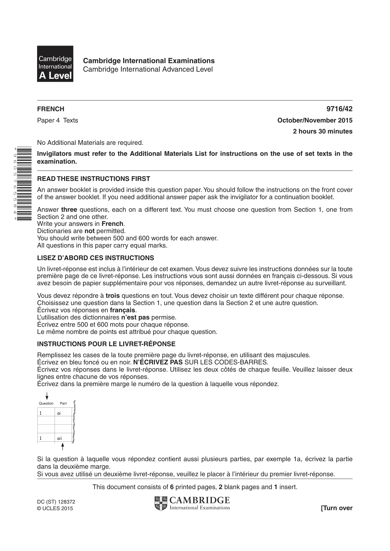Cambridge A Level French (A Level only) 9716 2015 Oct/Nov Paper 4 · Variant 2 question paper, page 1 of 8