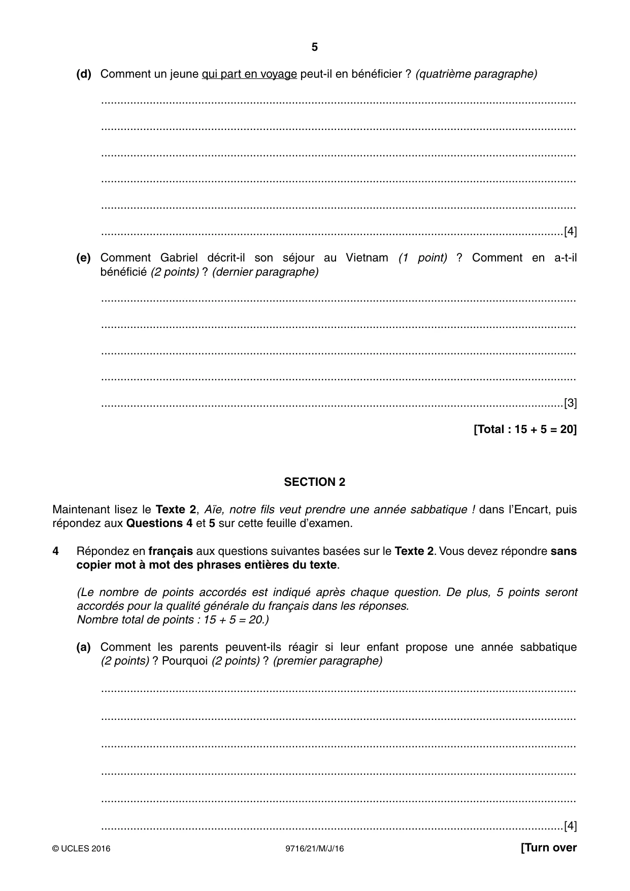 Cambridge A Level French (A Level only) 9716 2016 May/June Paper 2 · Variant 1 question paper, page 5 of 8