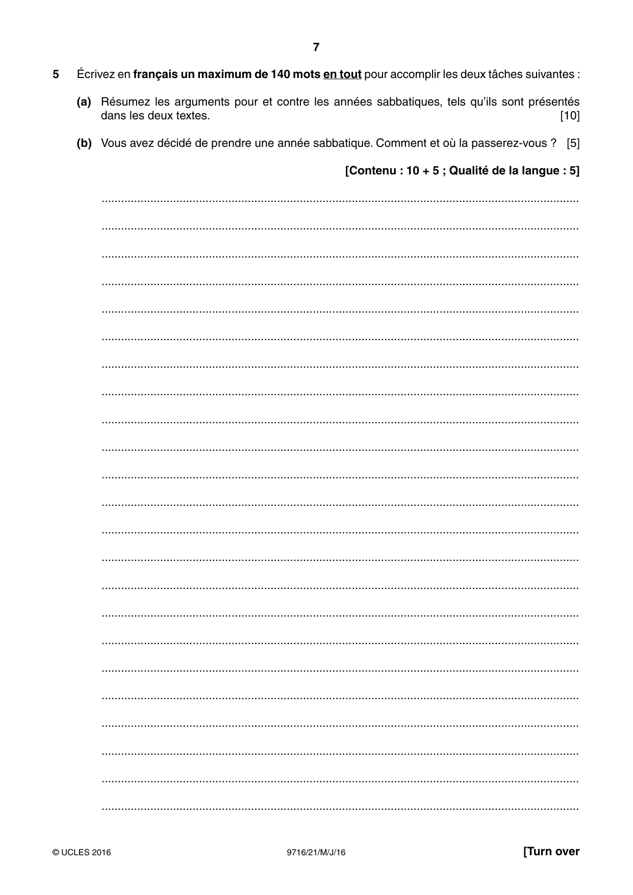 Cambridge A Level French (A Level only) 9716 2016 May/June Paper 2 · Variant 1 question paper, page 7 of 8