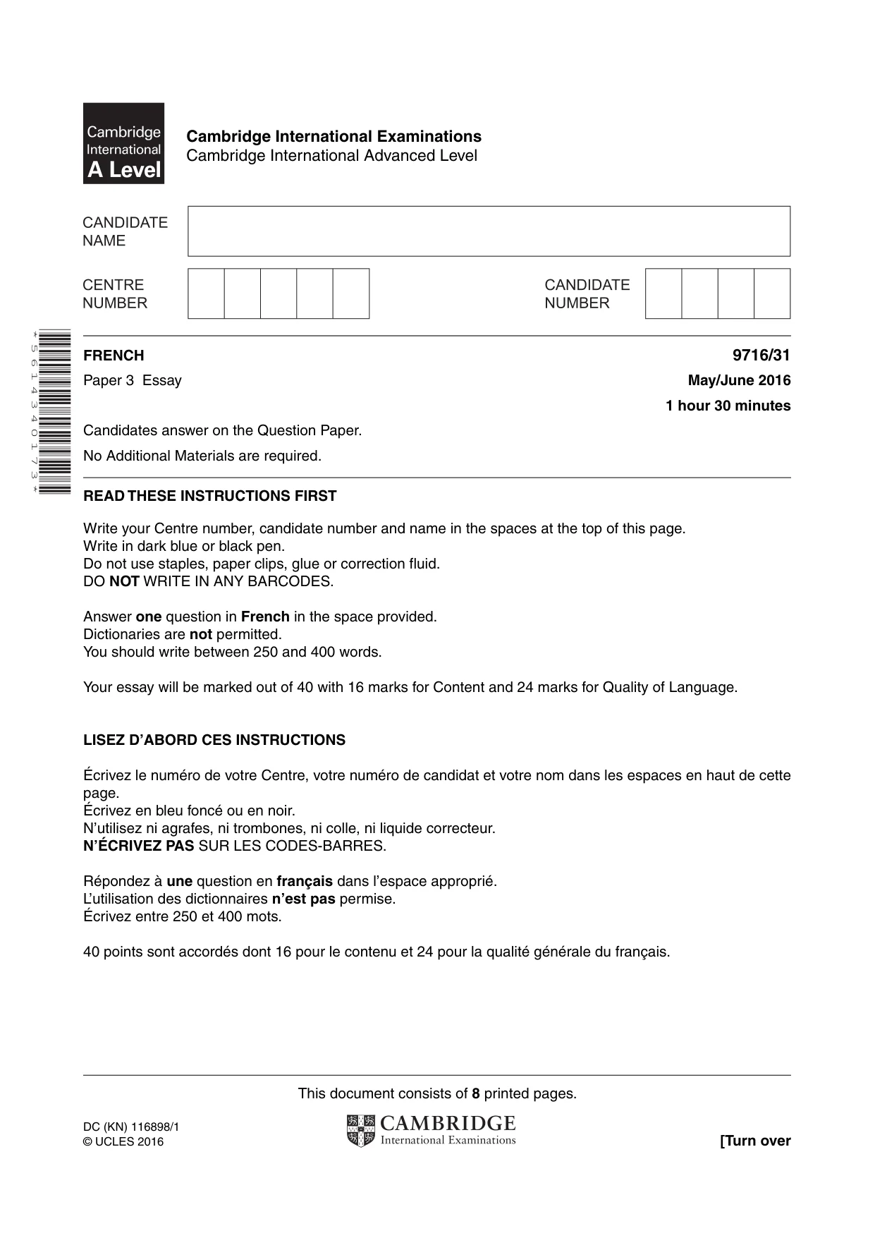 Cambridge A Level French (A Level only) 9716 2016 May/June Paper 3 · Variant 1 question paper, page 1 of 8