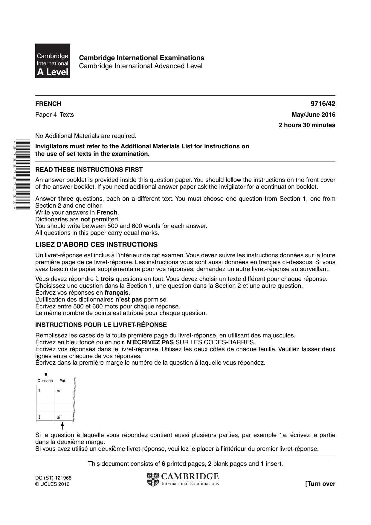Cambridge A Level French (A Level only) 9716 2016 May/June Paper 4 · Variant 2 question paper, page 1 of 8