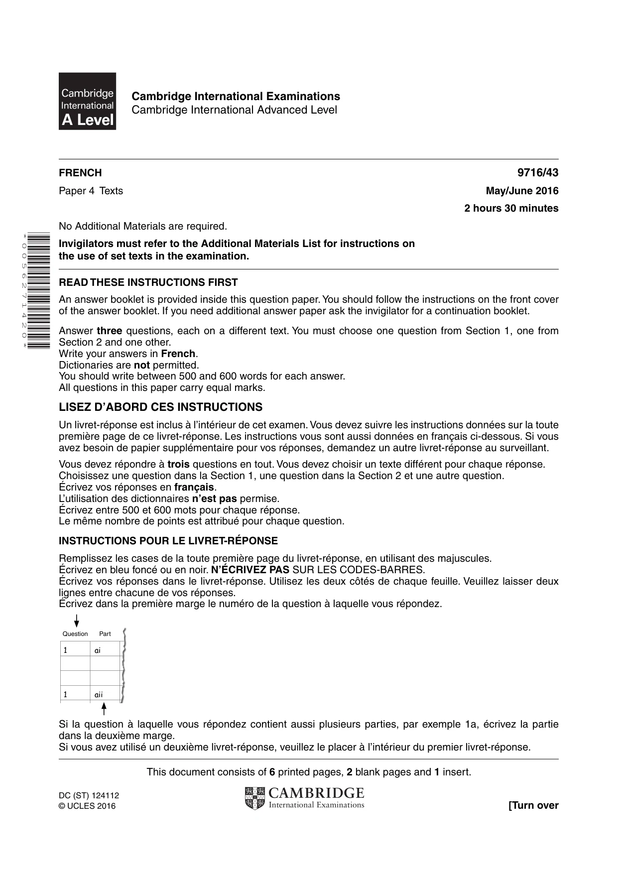 Cambridge A Level French (A Level only) 9716 2016 May/June Paper 4 · Variant 3 question paper, page 1 of 8