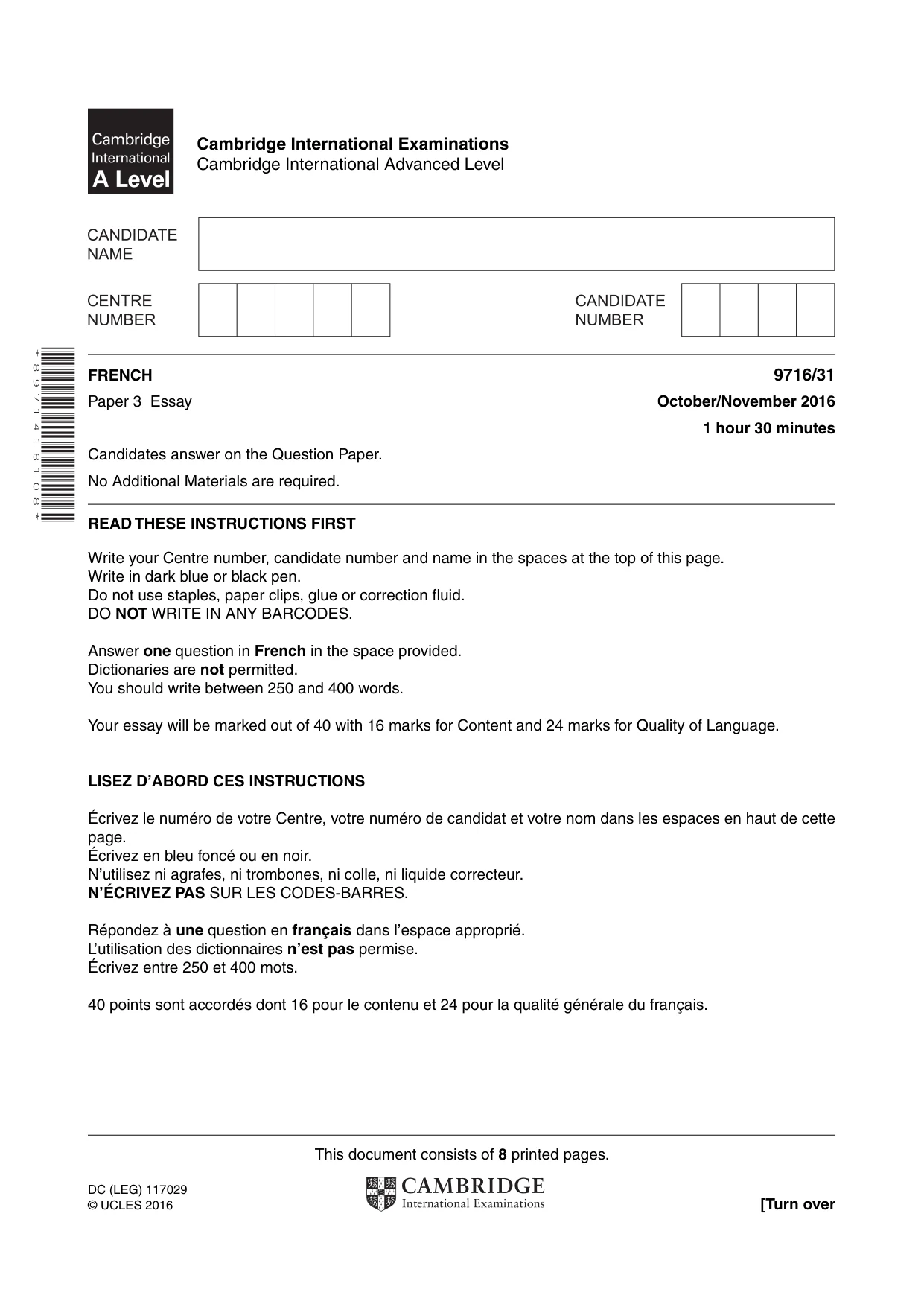 Cambridge A Level French (A Level only) 9716 2016 Oct/Nov Paper 3 · Variant 1 question paper, page 1 of 8