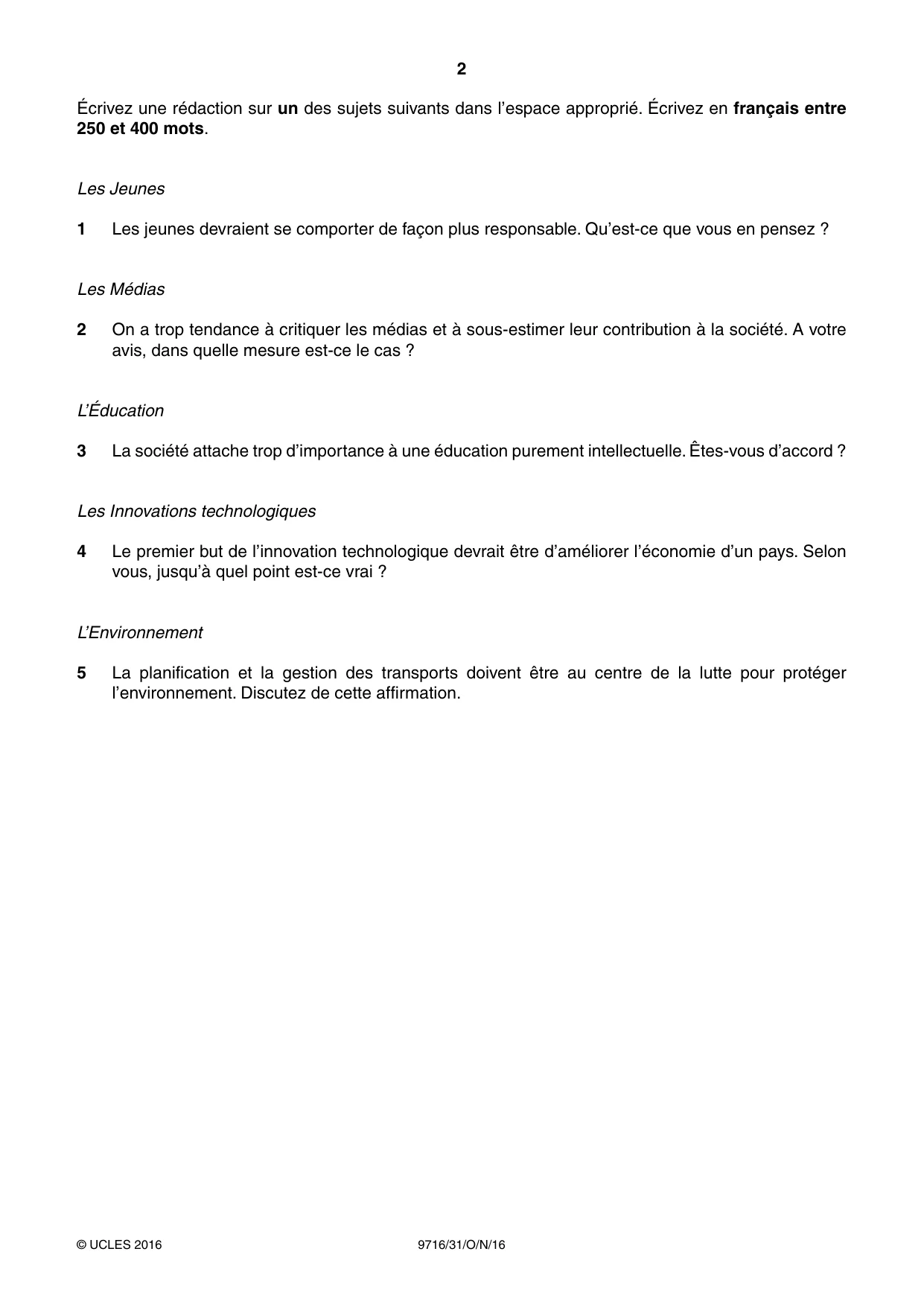 Cambridge A Level French (A Level only) 9716 2016 Oct/Nov Paper 3 · Variant 1 question paper, page 2 of 8