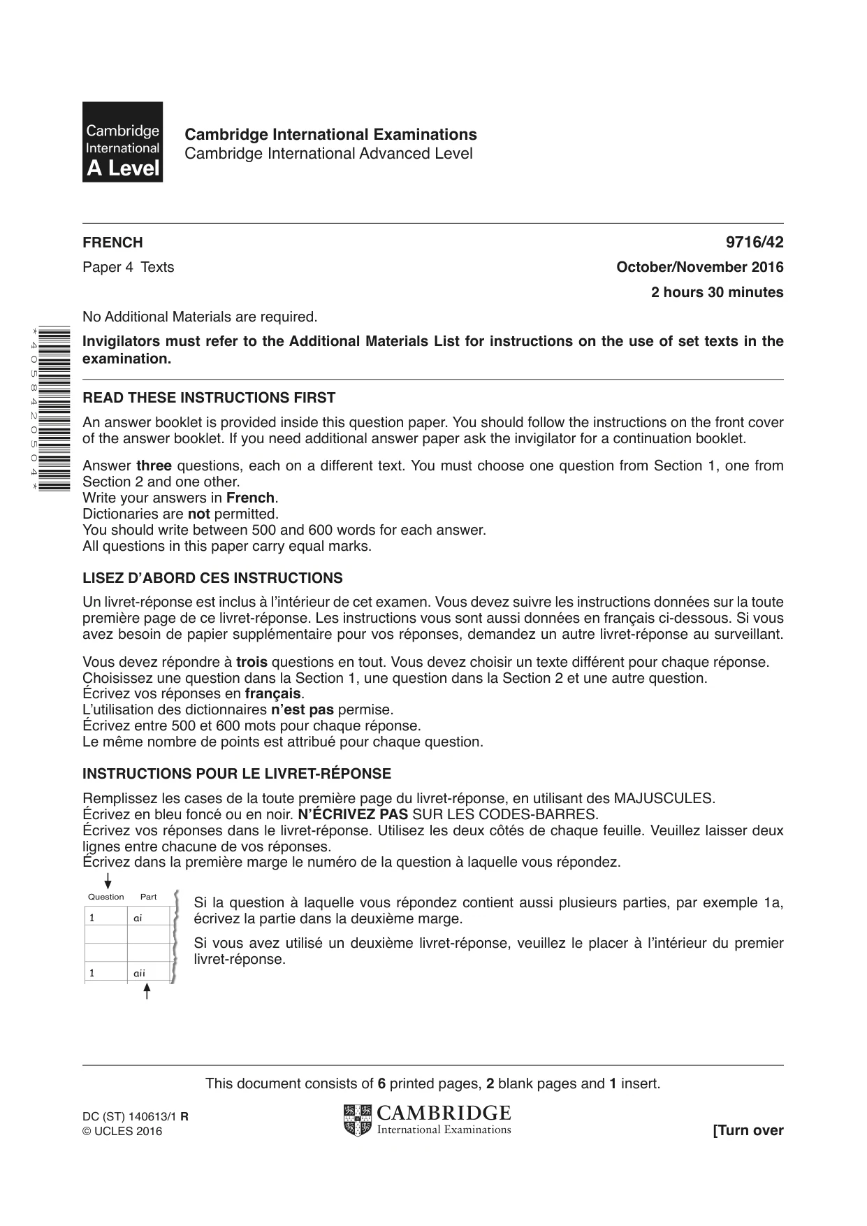 Cambridge A Level French (A Level only) 9716 2016 Oct/Nov Paper 4 · Variant 2 question paper, page 1 of 8