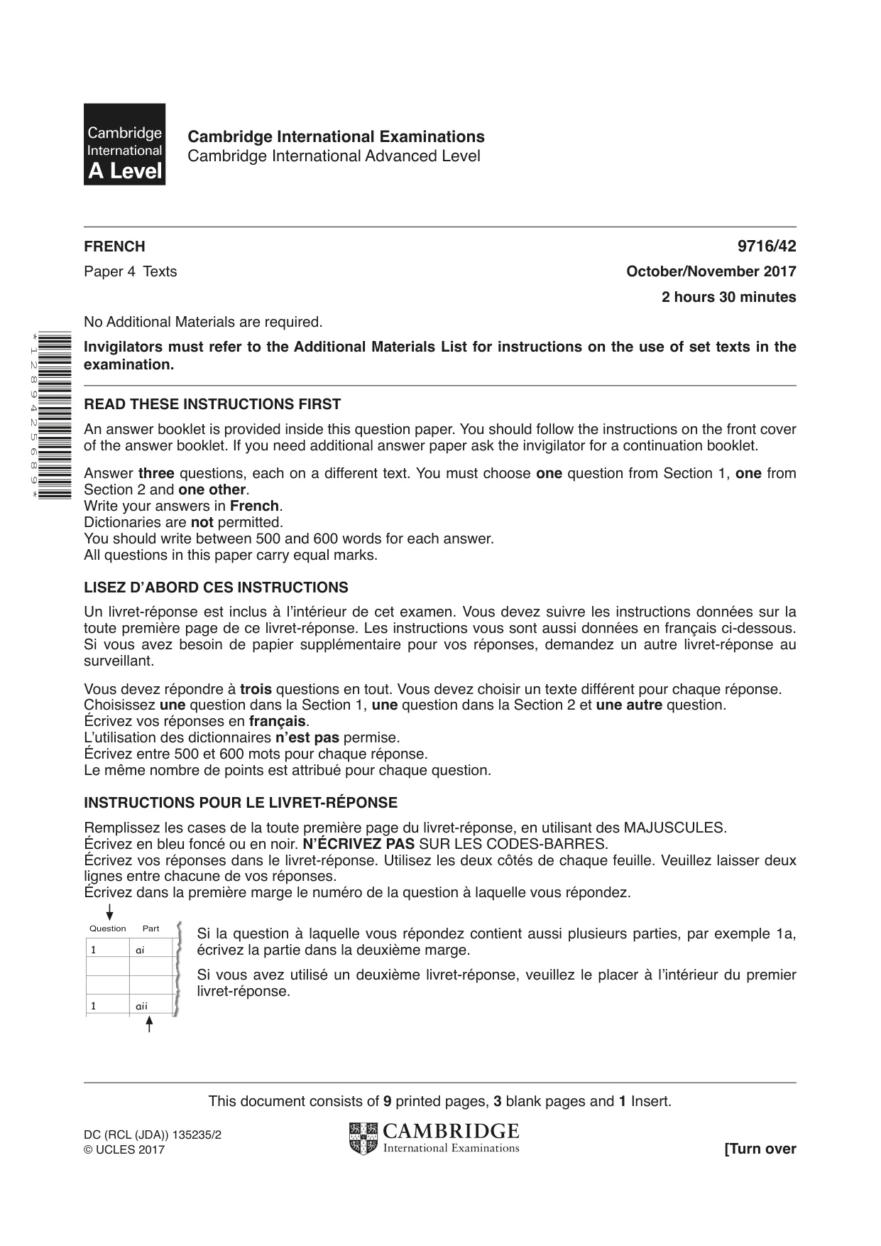 Cambridge A Level French (A Level only) 9716 2017 Oct/Nov Paper 4 · Variant 2 question paper, page 1 of 12