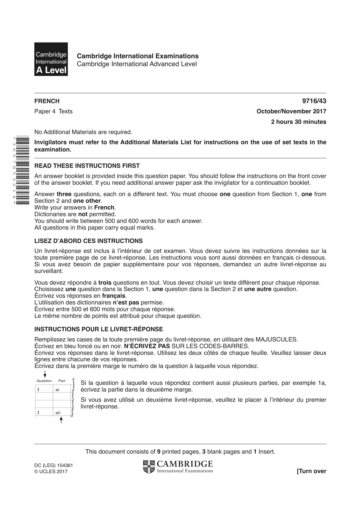 Cambridge A Level French (A Level only) 9716 2017 Oct/Nov Paper 4 · Variant 3 question paper, page 1 of 12