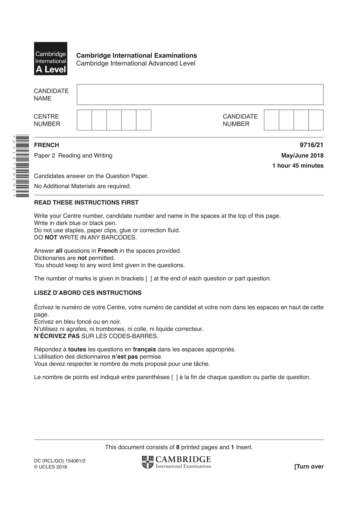 Cambridge A Level French (A Level only) 9716 2018 May/June Paper 2 · Variant 1 question paper, page 1 of 8