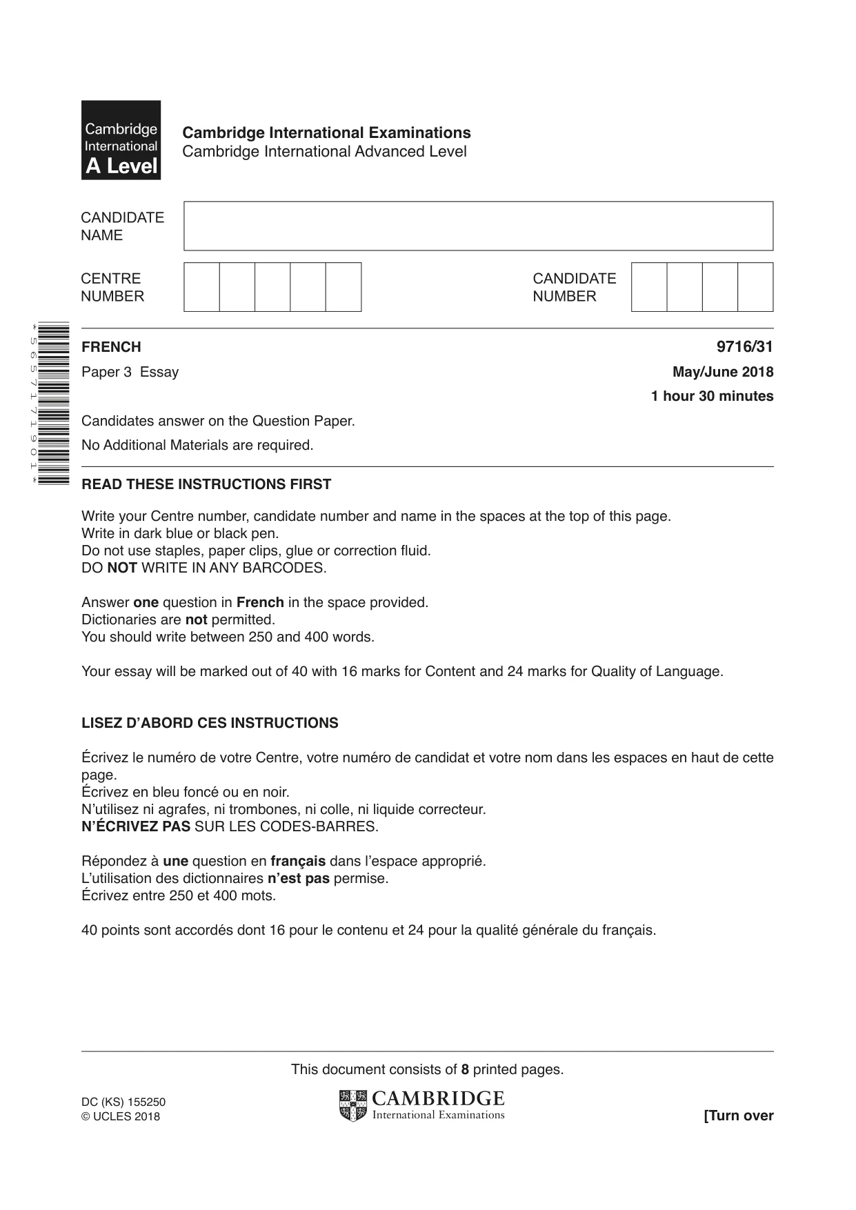 Cambridge A Level French (A Level only) 9716 2018 May/June Paper 3 · Variant 1 question paper, page 1 of 8
