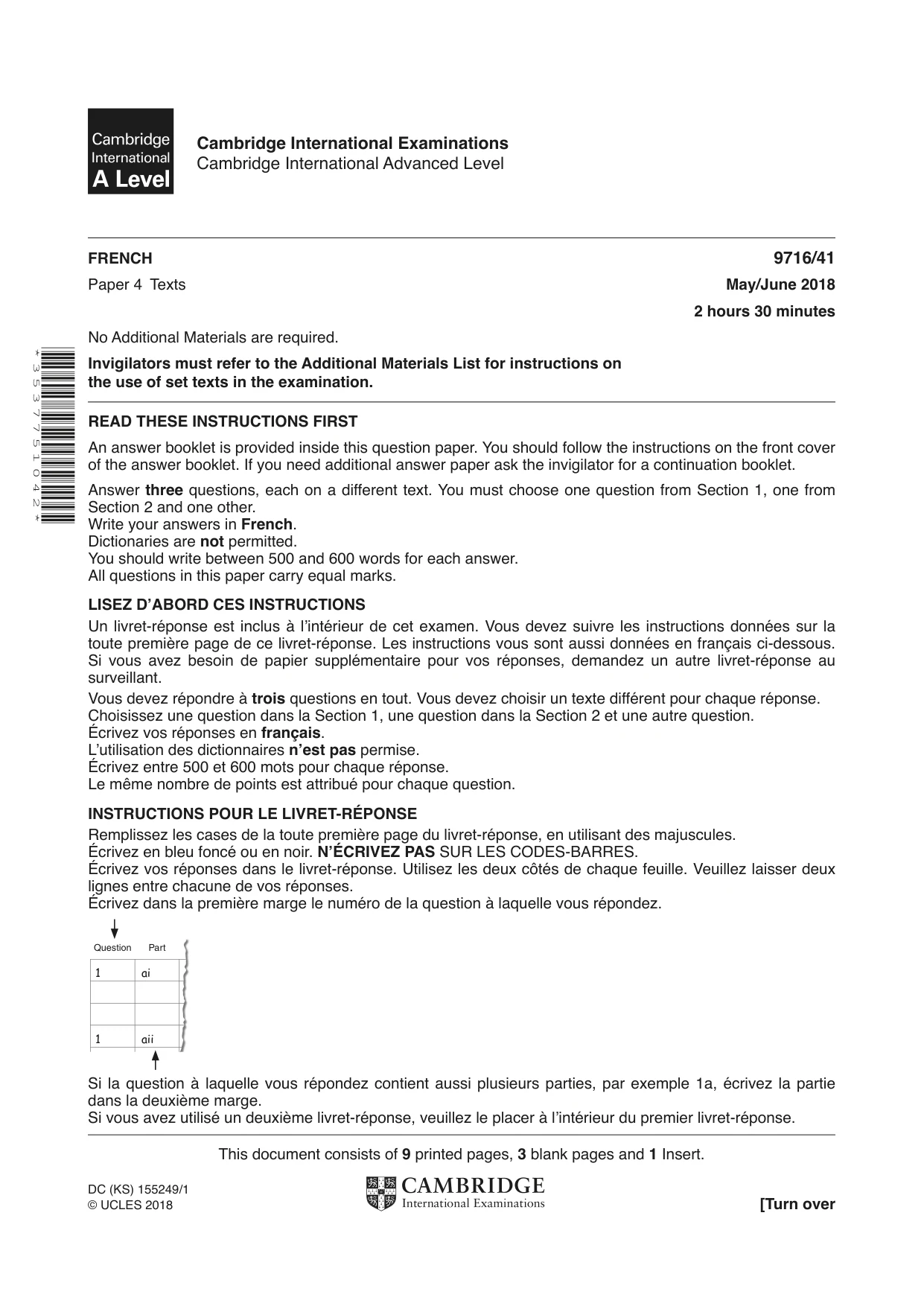 Cambridge A Level French (A Level only) 9716 2018 May/June Paper 4 · Variant 1 question paper, page 1 of 12