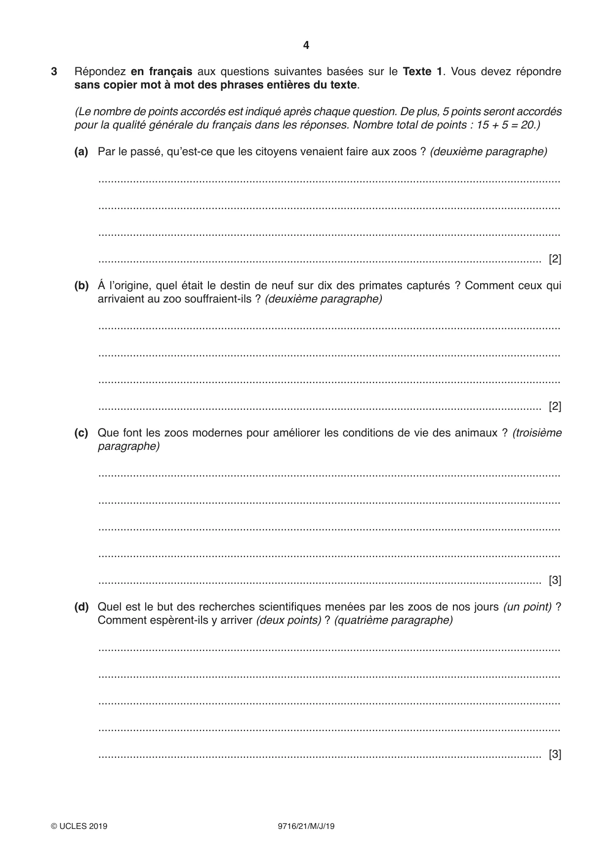 Cambridge A Level French (A Level only) 9716 2019 May/June Paper 2 · Variant 1 question paper, page 4 of 8