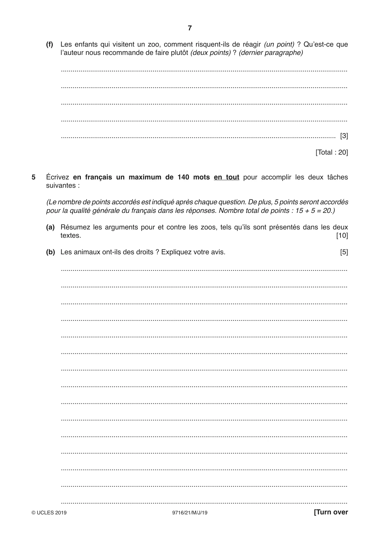 Cambridge A Level French (A Level only) 9716 2019 May/June Paper 2 · Variant 1 question paper, page 7 of 8