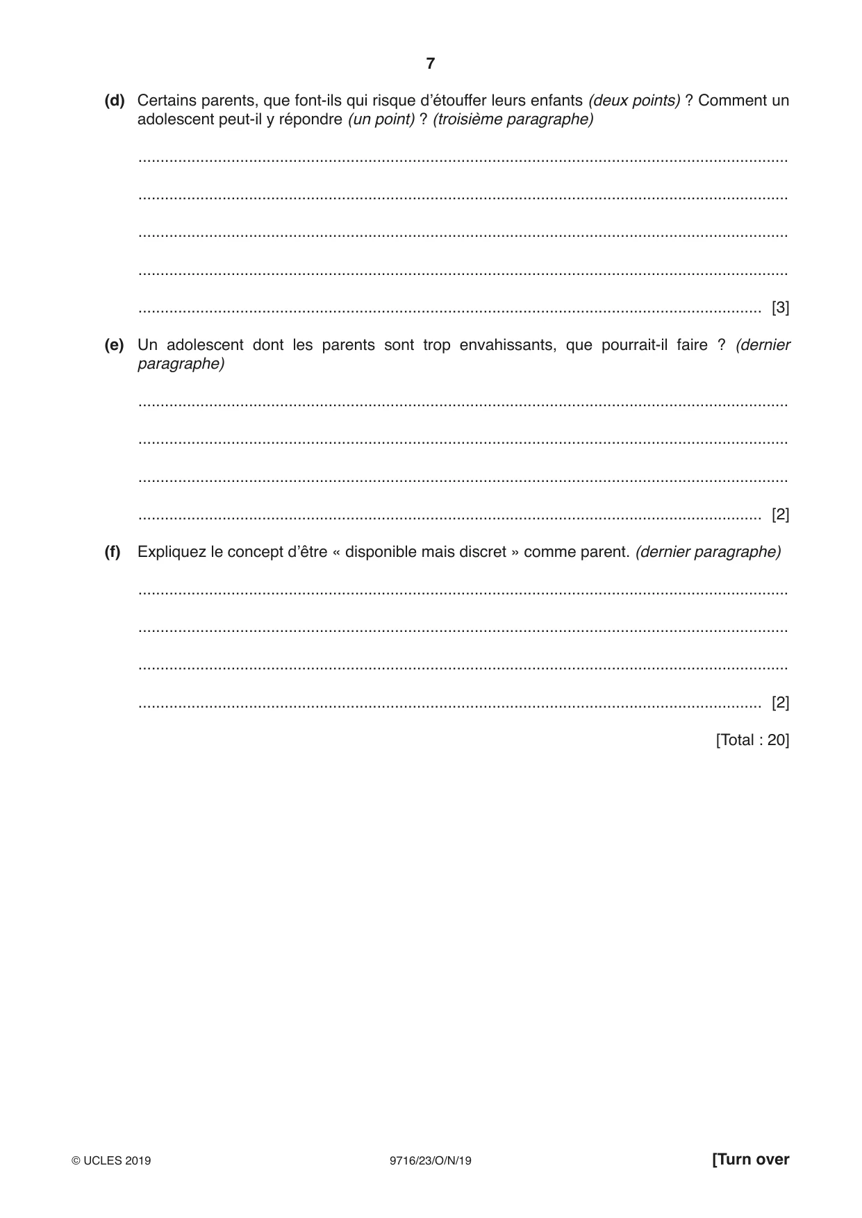 Cambridge A Level French (A Level only) 9716 2019 Oct/Nov Paper 2 · Variant 3 question paper, page 7 of 12